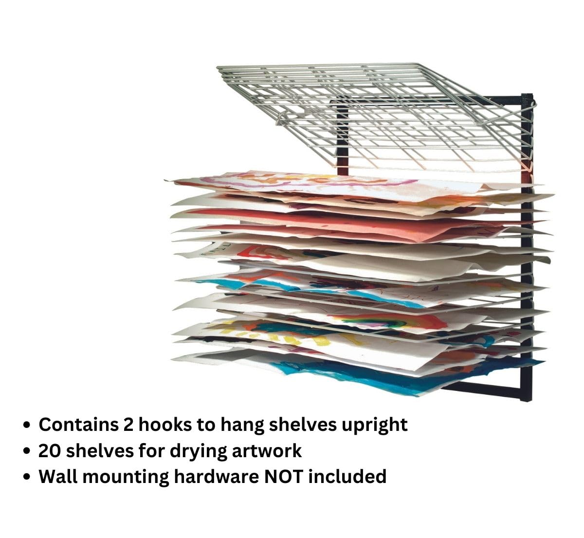 Copernicus Wide 20-Shelf Wall Mount Art Drying Rack for Classrooms and Art Studios, White/Black