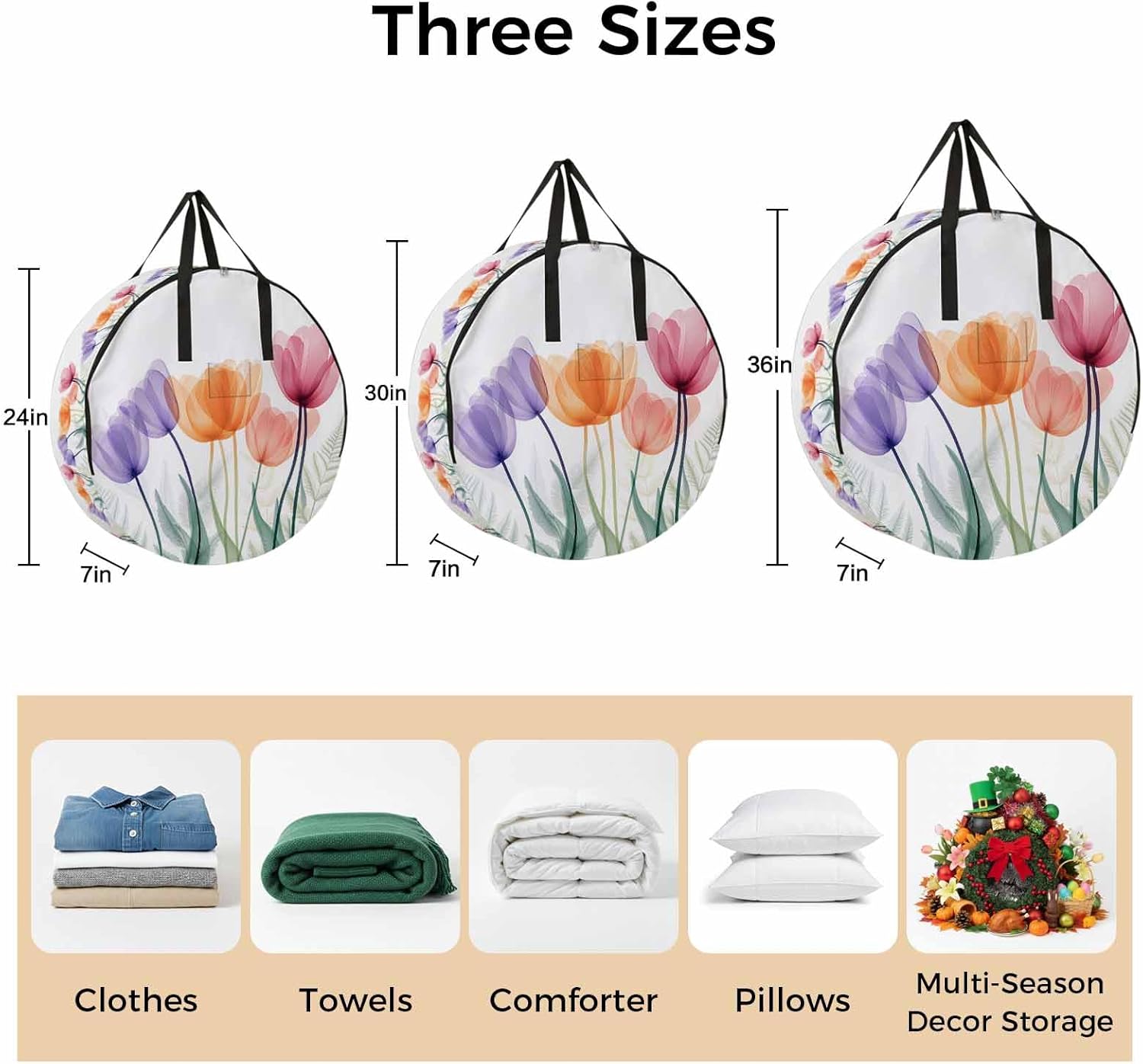 Spring Orange Round Storage Bag 36 Inch, Purple Red X-ray Tulips Flower Leaf Clothes Storage Container with Handles Heavy Duty Organizer for Comforter, Bedding & Holiday Wreaths