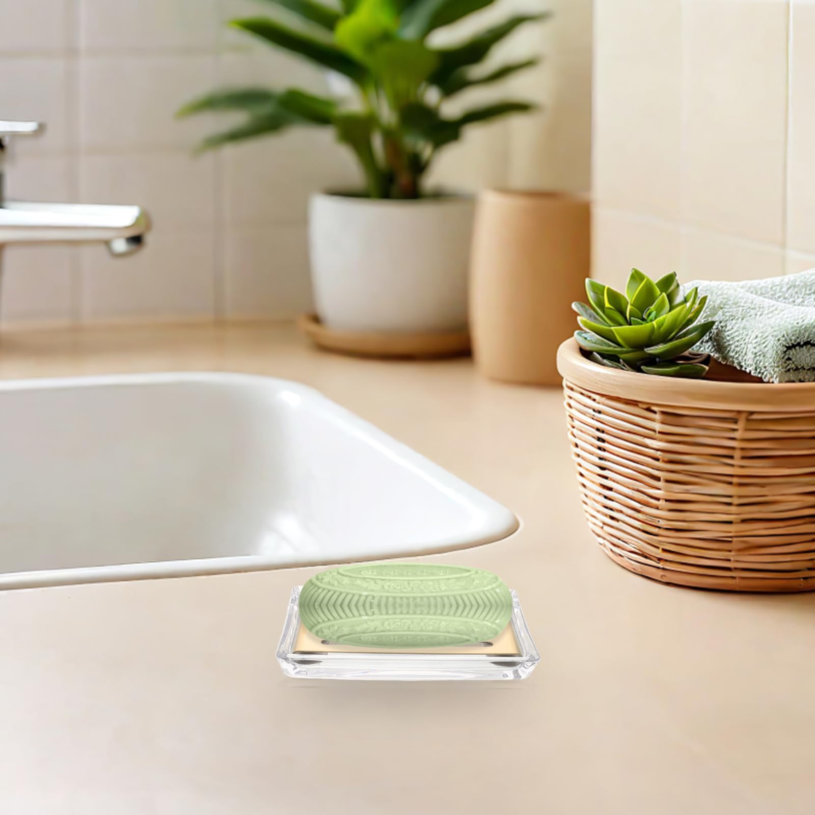 WOONEKY Jabonera: Jabonera autodrenante - Bandeja de fregado Rectangular de Vidrio Transparente de Doble Capa para baño, Ducha, Fregadero de Cocina y encimera.