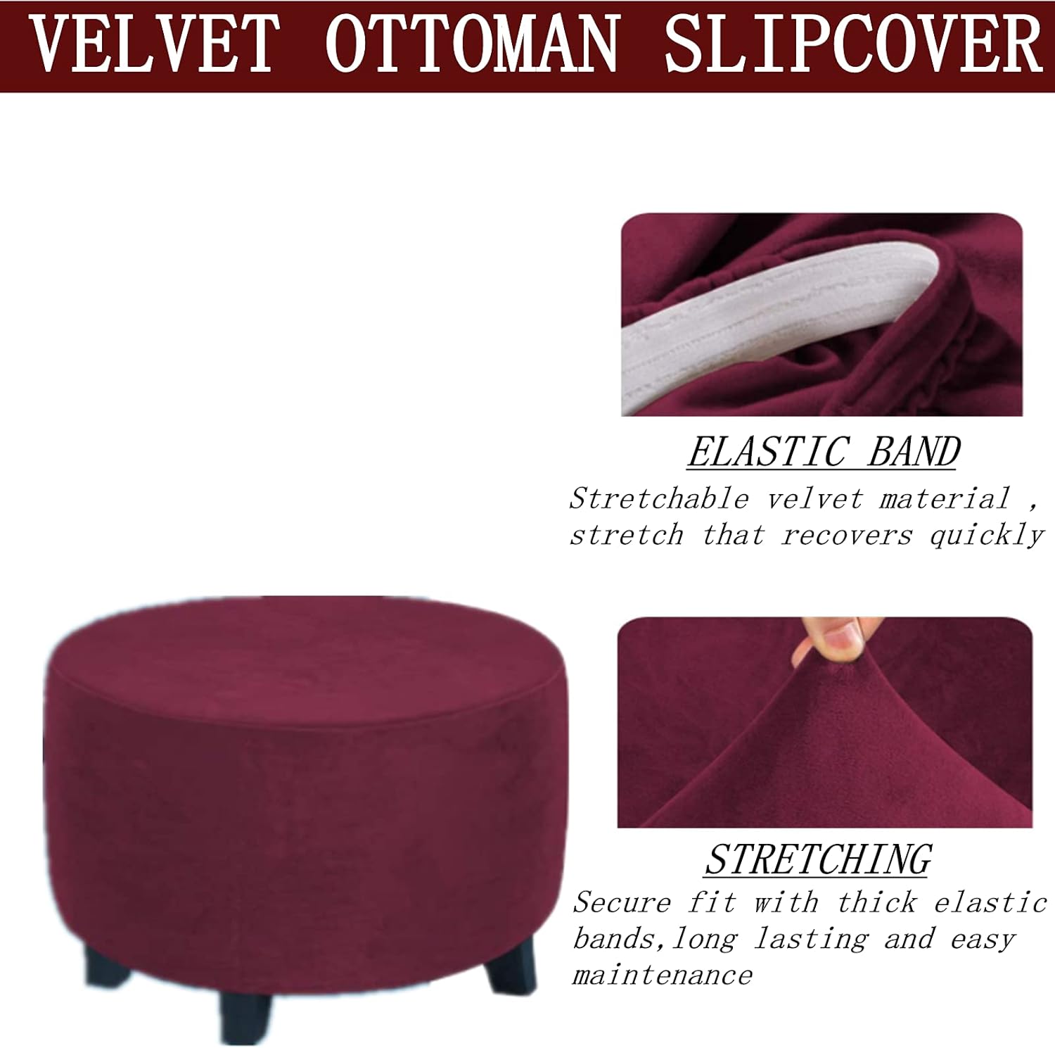 Round Ottoman Slipcover Ottoman Covers Footstool Protector Covers Storage Stool Plush Velvet Stretch with Elastic Bottom (Burgundy, Large)