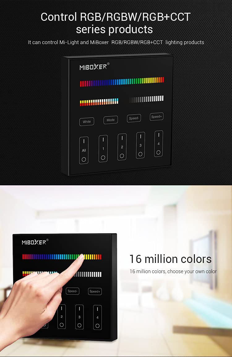LGIDTECH B4 Black Color Miboxer 4-Zone Wall-Mounted Panel Remote Controller DC 3V,Work with RGB+CCT Series LED Light Bulb,Spotlight,Downlight,Flood Light,Also Work with FUT037 FUT038