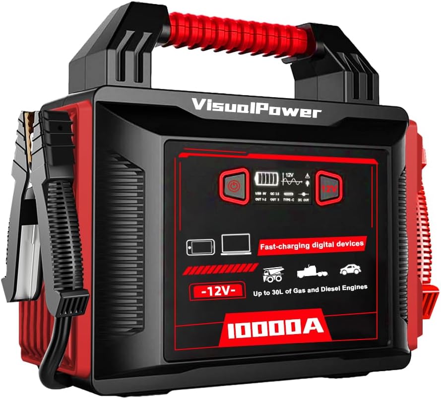 10000A Jump Starter - 48000mah Battery Charger Battery Booster with QC3.0 Fast Charging Port, USB Port, Tpye-c PD60W Port, LED Warning Light & Clips for Semi Truck Jump Start, Red(12V)