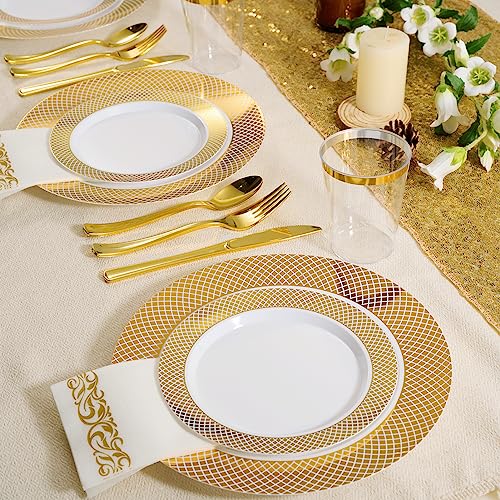 Focusline 102Pcs Disposable Plastic Plates Gold Grid Rim Party Plates，51Pcs 10 Inch Dinner Plates And 51Pcs 7 Inch Dessert Plates Elegant Fancy Heavy Duty Wedding Plates #TOP5