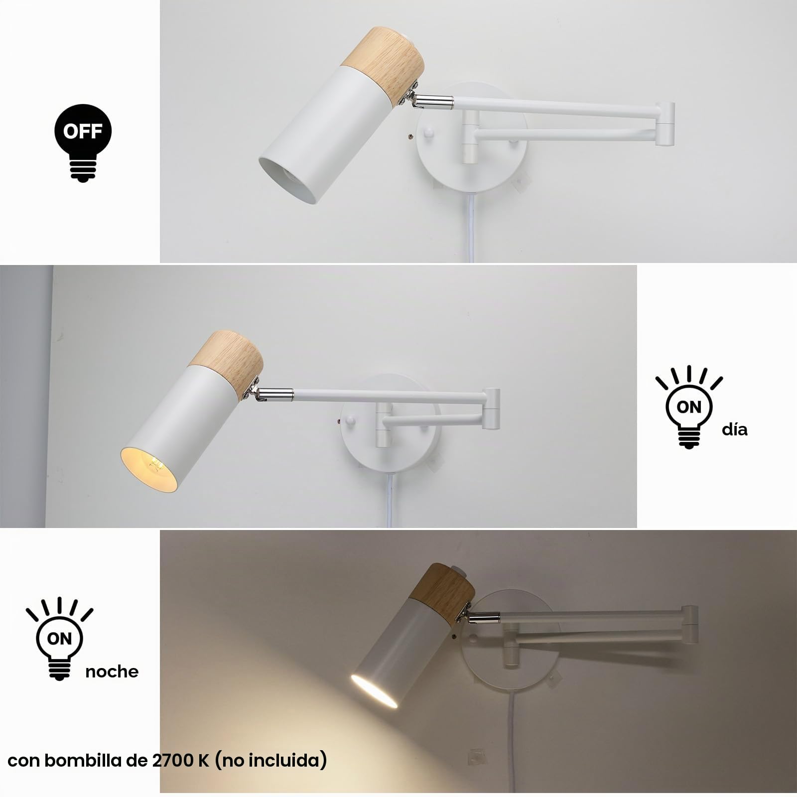 Alpinaluz Aplique de Pared con Madera Natural, Brazo Extensible, Foco E27 Blanco Orientable 360º, Cable con Enchufe e Interruptor, Diseño Nórdico Moderno