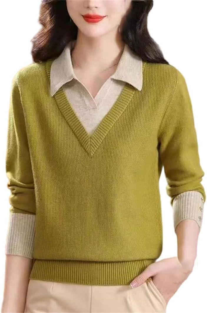 Women's Fake Two Piece Sweater for Fall Winter, Casual Long Sleeve Knitted Pullover Loose and Slimming Base Layer