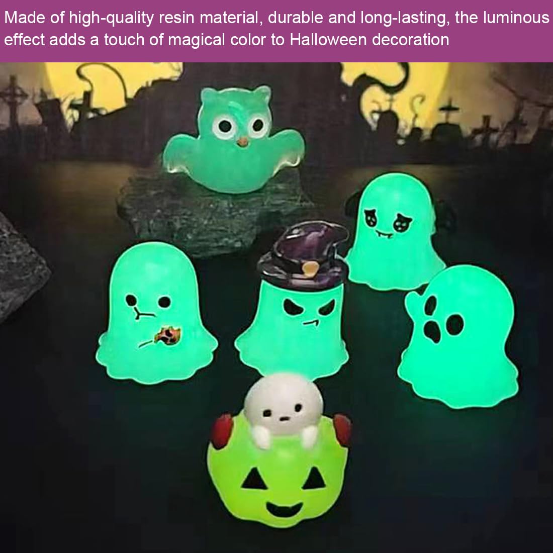 Lot de 12 Miniatures lumineuses d'Halloween, figurines en résine Citrouilles et crânes qui brillent dans l'obscurité