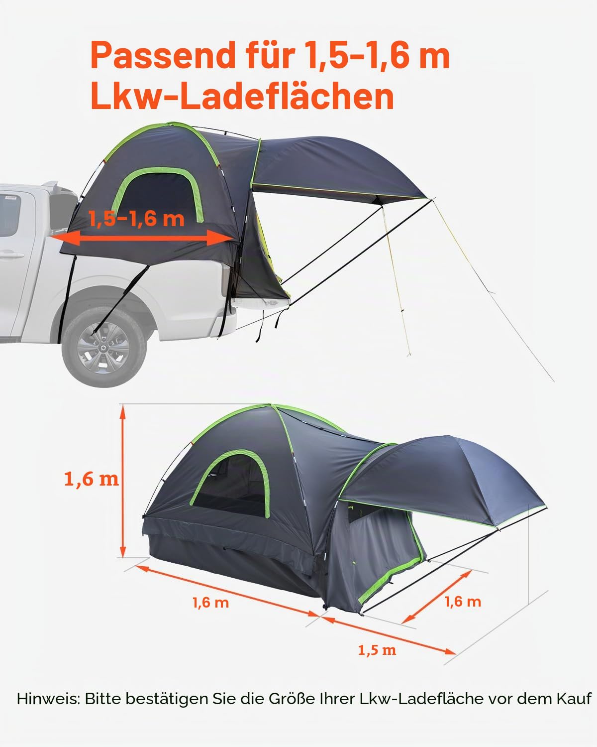 VEVOR LKW Zelt Campingzelt Sonnenschutz für 1524-1585 mm große LKW-Ladeflächen, wasserdichtes Truck-Zelt mit erweiterbarer Markise & Regendach & Aufbewahrungstasche, Sonnenschutz zum Camping Sport & Freizeit