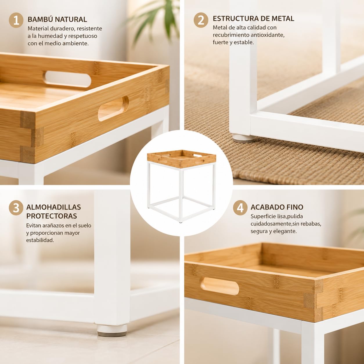 Mesas de Centro Nido XZ-22166-1 Set 2, Cuadradas Bambú y Metal, Estilo Nórdico, Color Blanco, Mesas Auxiliares para Salón, Diseño Moderno y Resistente
