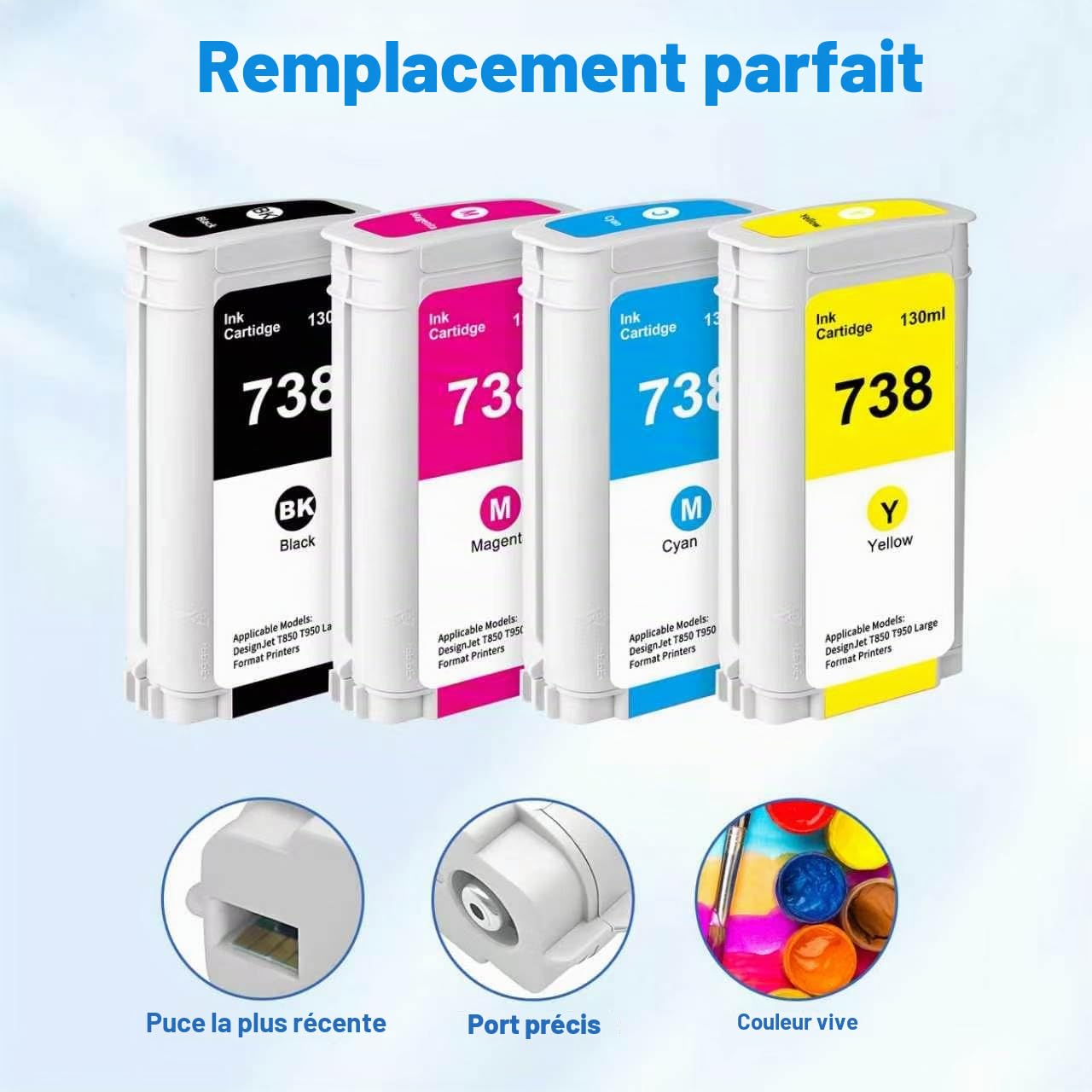 738 Cartouches d'encre 130-ml pour HP 738(BK/C/M/Y, Lot de 4)