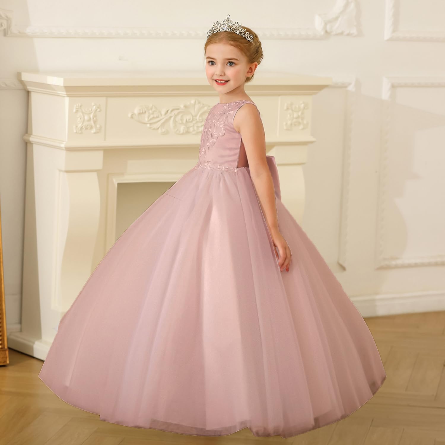 PLWEDDING Robe élégante en dentelle brodée pour fille florale pour mariage, enfant, dos en V, robe de bal avec nœud