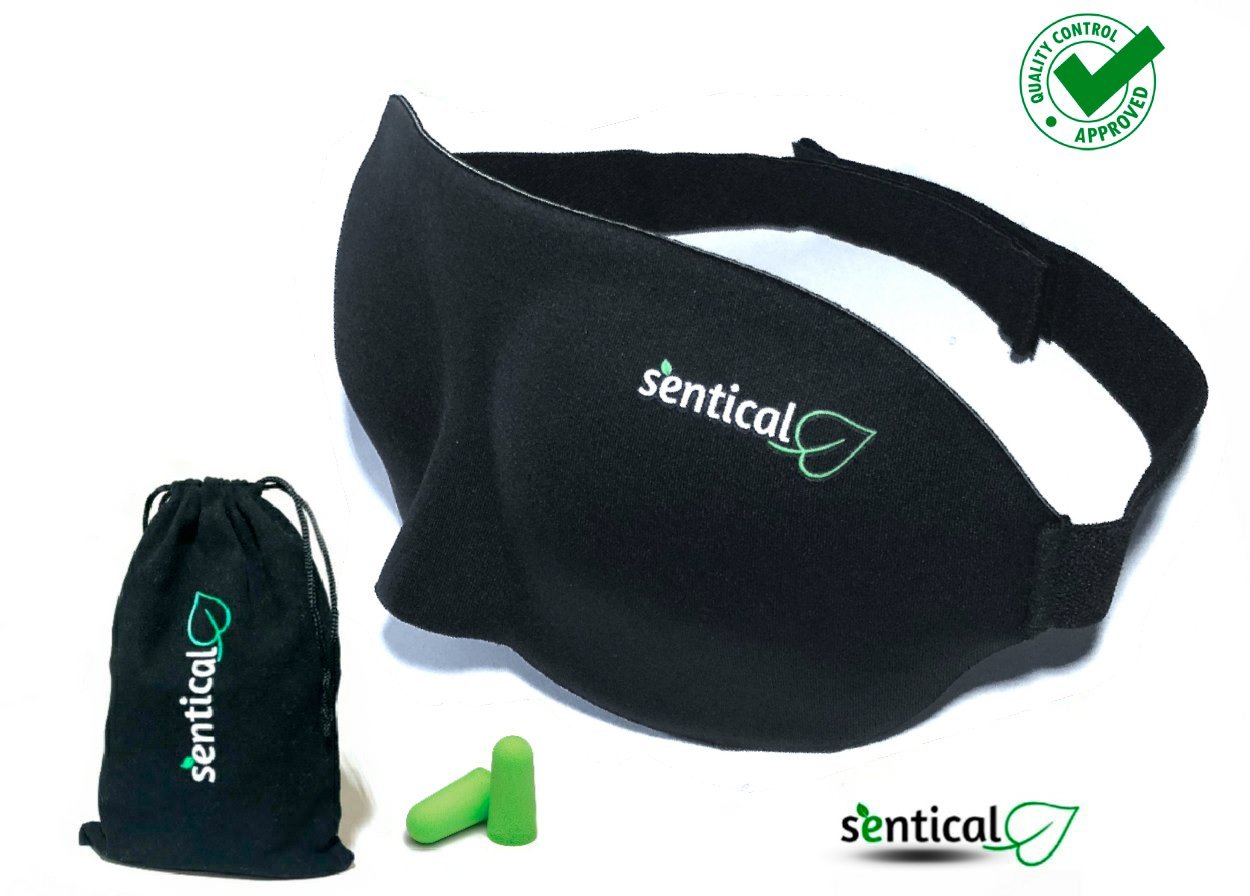 Sleep Mask by Sentical® Lightweight Adjustable 3D Eye mask with Earplugs, Best for naps and Travel, Super Soft and Contoured Light Blocking Sleep Mask for A Full Night Sleep (Black)