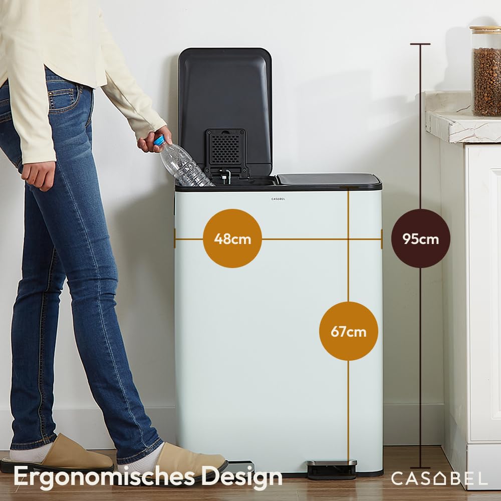 CASABEL Mülltrennung Mülleimer 60L, Küchenmülleimer 2x30L mit Pedal, fingerabdruckfreier Edelstahl, Doppelkammern, herausnehmbare Eimer, Griffe, leise Deckel, Mintgrün