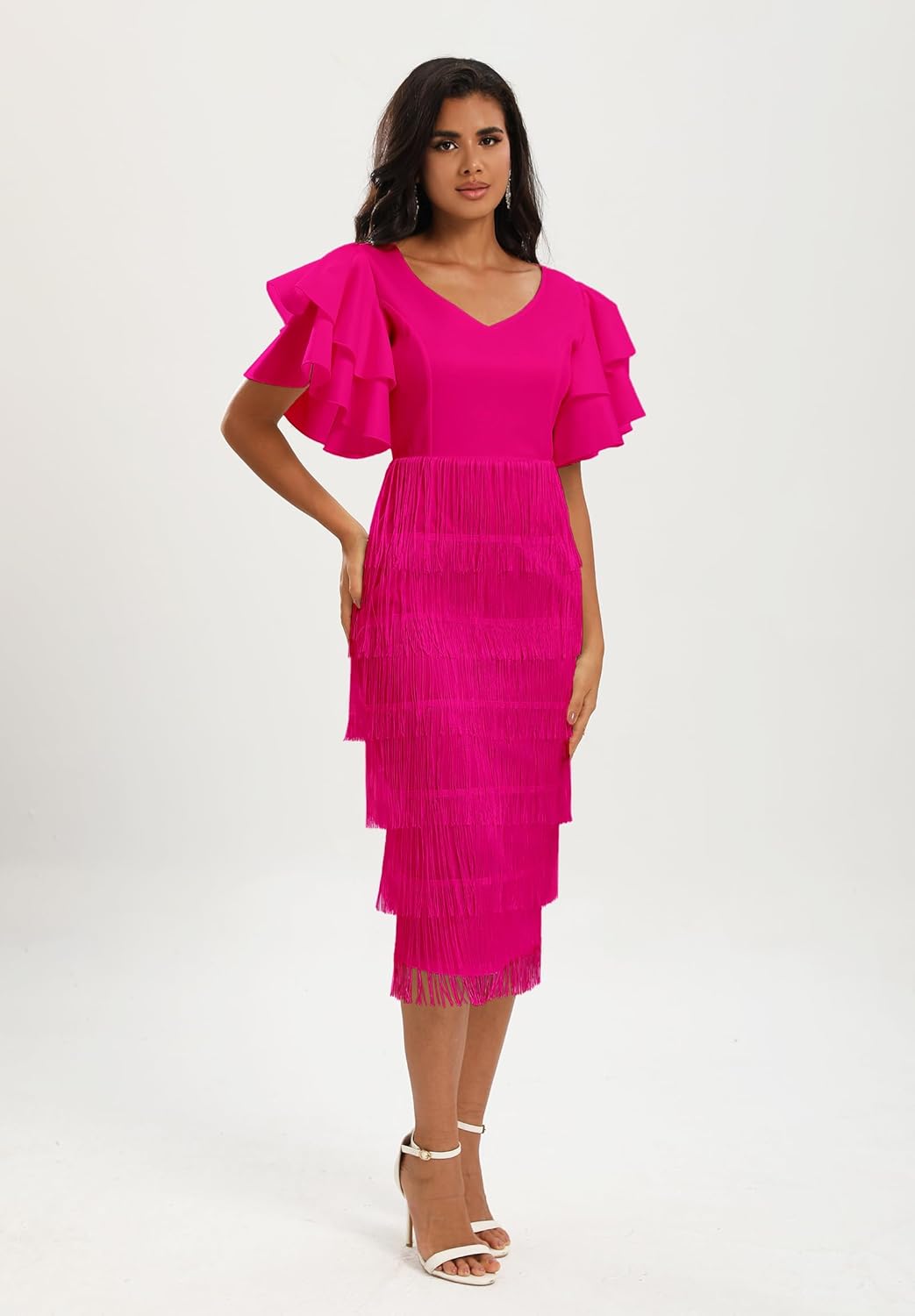 VERWIN Women's Fringe Maxi Dress High Waist V Neck Tiered Tassels Dress Ruffles Sleeve Bodycon Prom Dress - Image 3