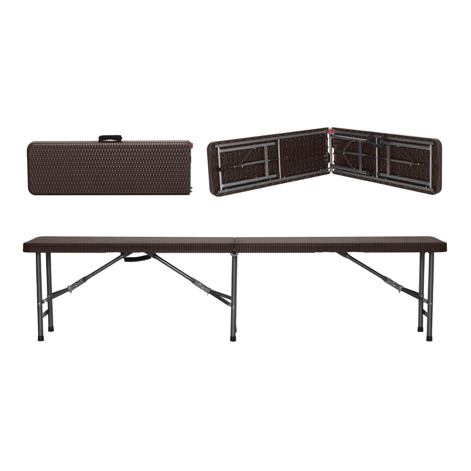 7H SEVEN HOUSE Conjunto Plegable Mesa con 2 Bancos de 180cm Catering Marrón Efecto Ratán 7house