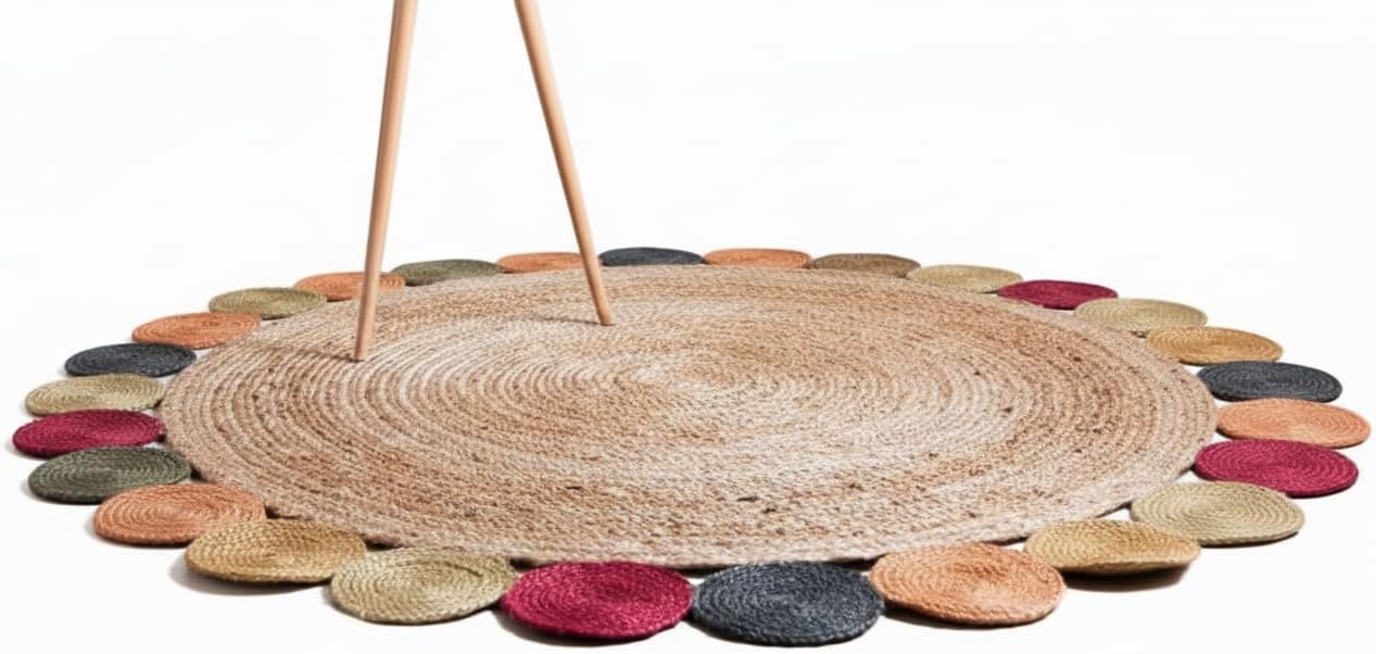 Handmakers ! Natural Jute Round Indoor Area Rug with Multicolor & Multi Circle Border (90CM)