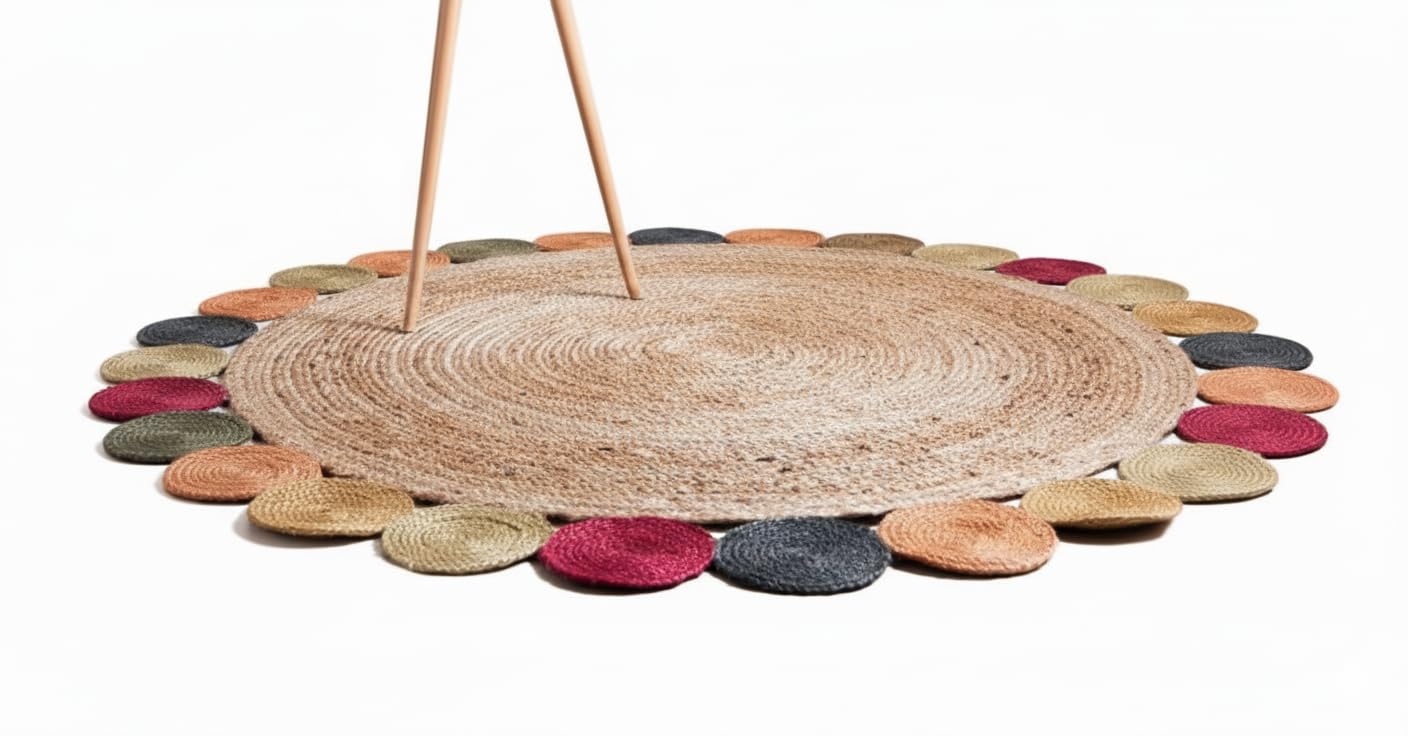 Handmakers ! Natural Jute Round Indoor Area Rug with Multicolor & Multi Circle Border (90CM)