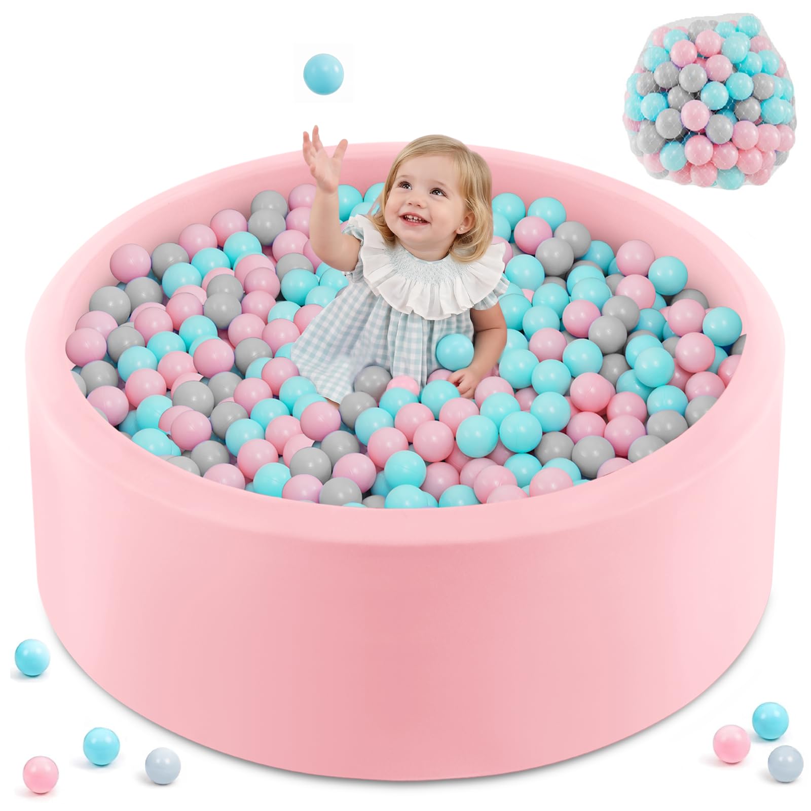 INFANS Foam Ball Pit for Toddlers with 200 Balls, 90×30 cm Large Round Ball Pool Playpen with Soft Memory Sponge Pad, BPA Free, for Kids Babies Indoor Outdoor (Pink)