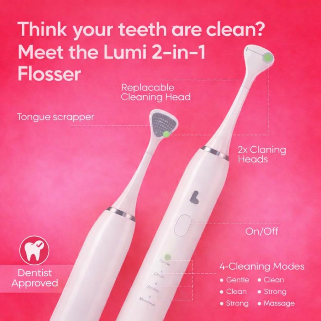 Lumi - Hilo dental eléctrico 2 en 1 para adultos con 4 velocidades + 50 cabezales de repuesto, recomendado por dentistas, hilo dental de fácil deslizamiento para un cuidado suave de las encías