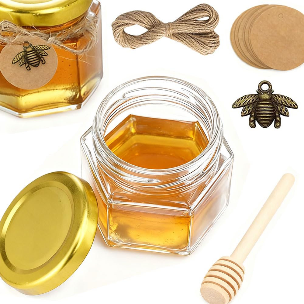 12 Pcs vasetti da miele barattoli esagonali in vetro esagonale da 45ml con mestolo in legno ciondolo a forma di ape etichette in carta kraft ciocche di canapa per bomboniere Natale Battesimo
