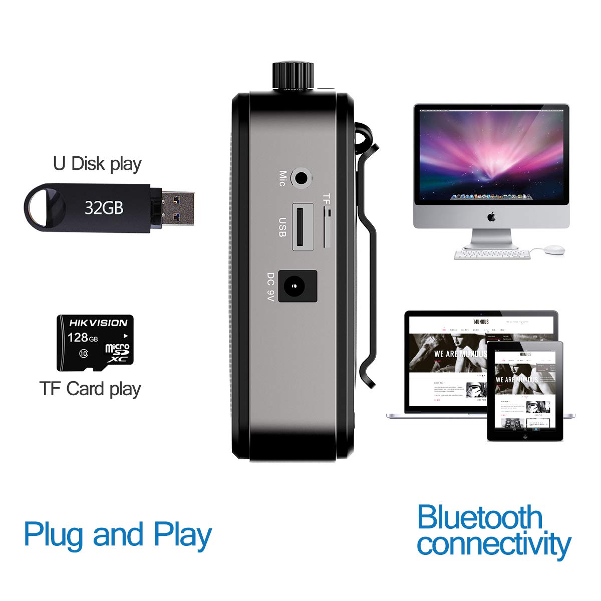 Amplificatore vocale portatile Microfono UHF senza fili con batteria da 2800 mAh, lettore MP3/TF/USB, radio FM e registratore per insegnanti, gite, eventi