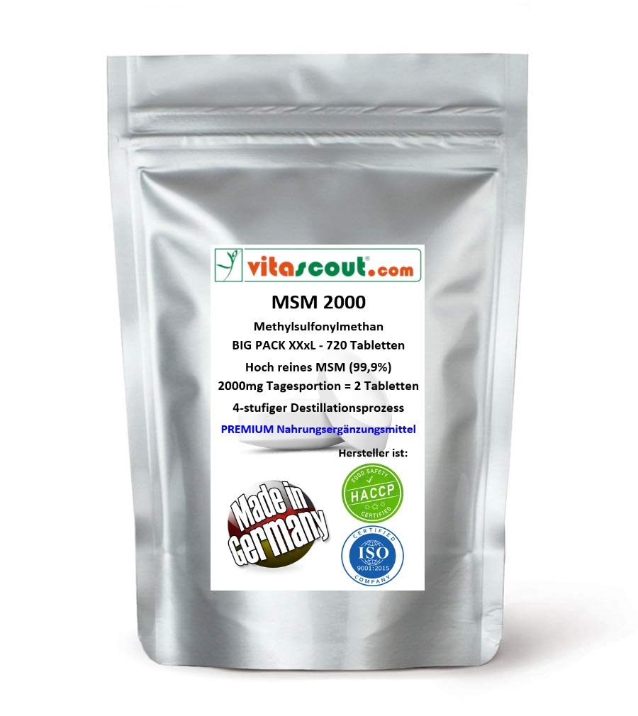 MSM - Methylsulfonylmethan - 720 Tabletten - 2000mg Tagesportion (=2 Tabletten) - 99,9% Reinheit - LABORGEPRÜFT - hochdosiert - MADE IN GERMANY