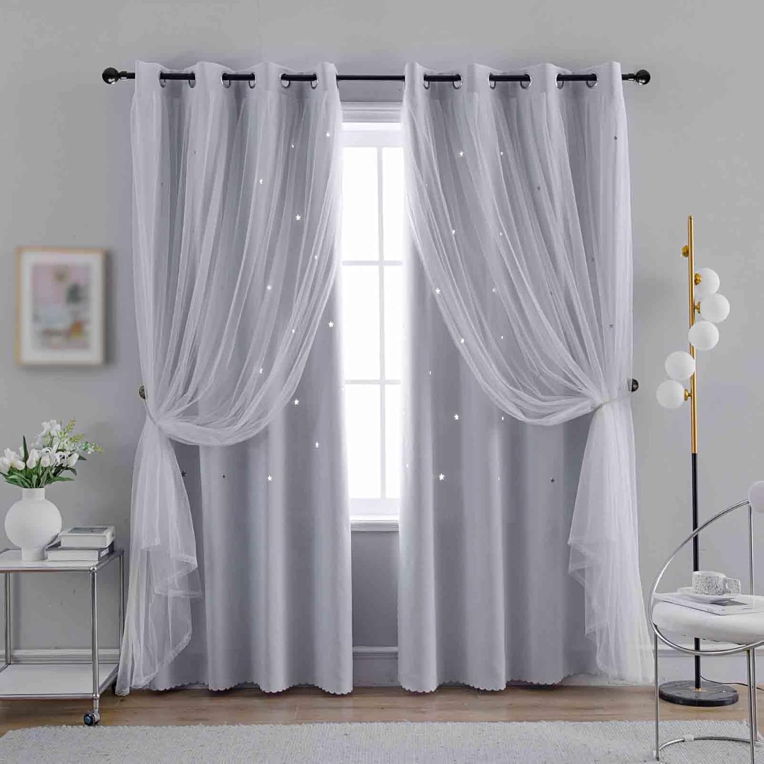 Anytime Romantic Kids Curtain,Hollow-Out Stars Window Curtain Double Layer Blackout Curtains for Girls Bedroom Kids Room 2Panel,(W52 x L84,Greyish White)