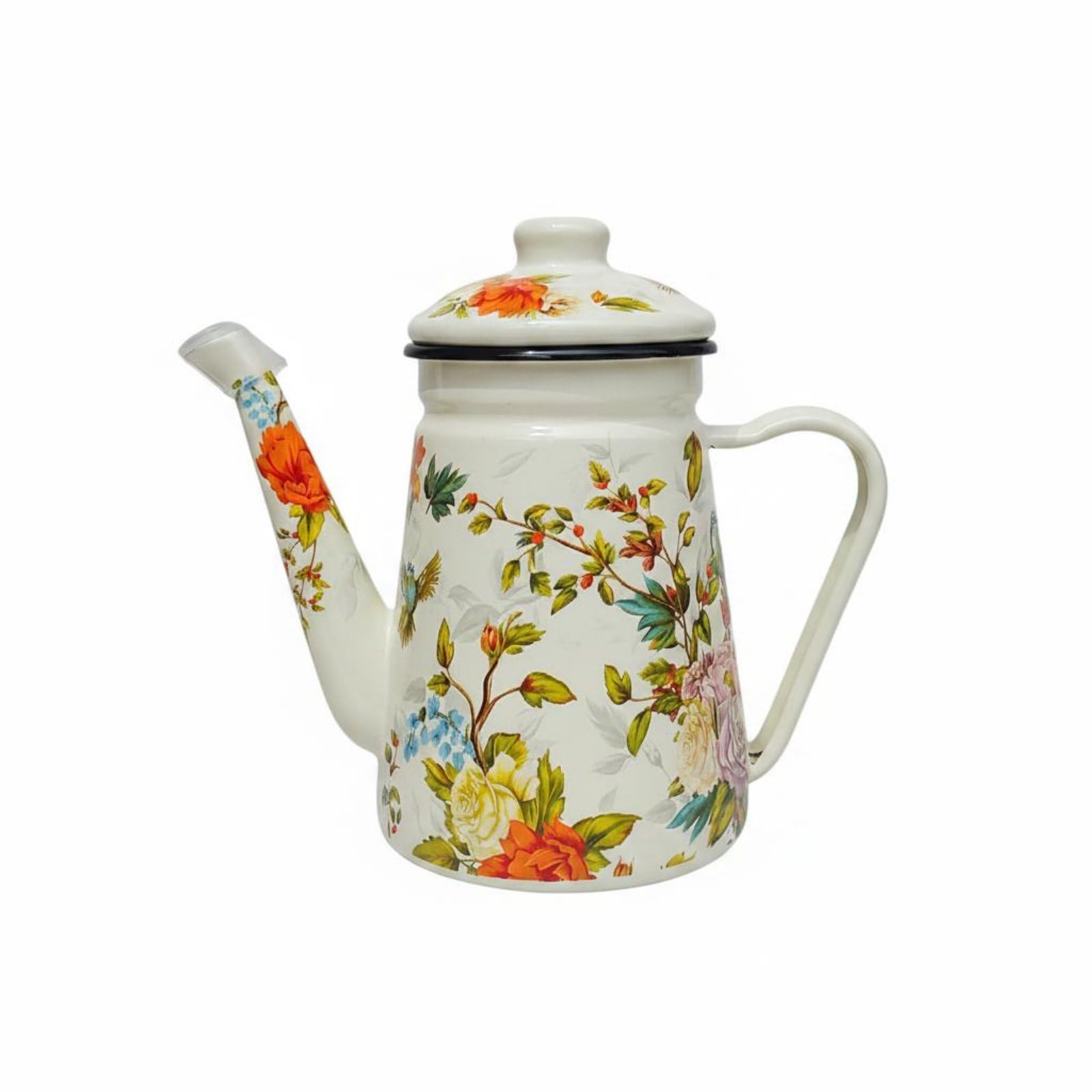 Contenitore per Bevande in Smalto con Coperchio Rimovibile per E Caffè con Motivo Floreale E Manico Comodo Adatto per