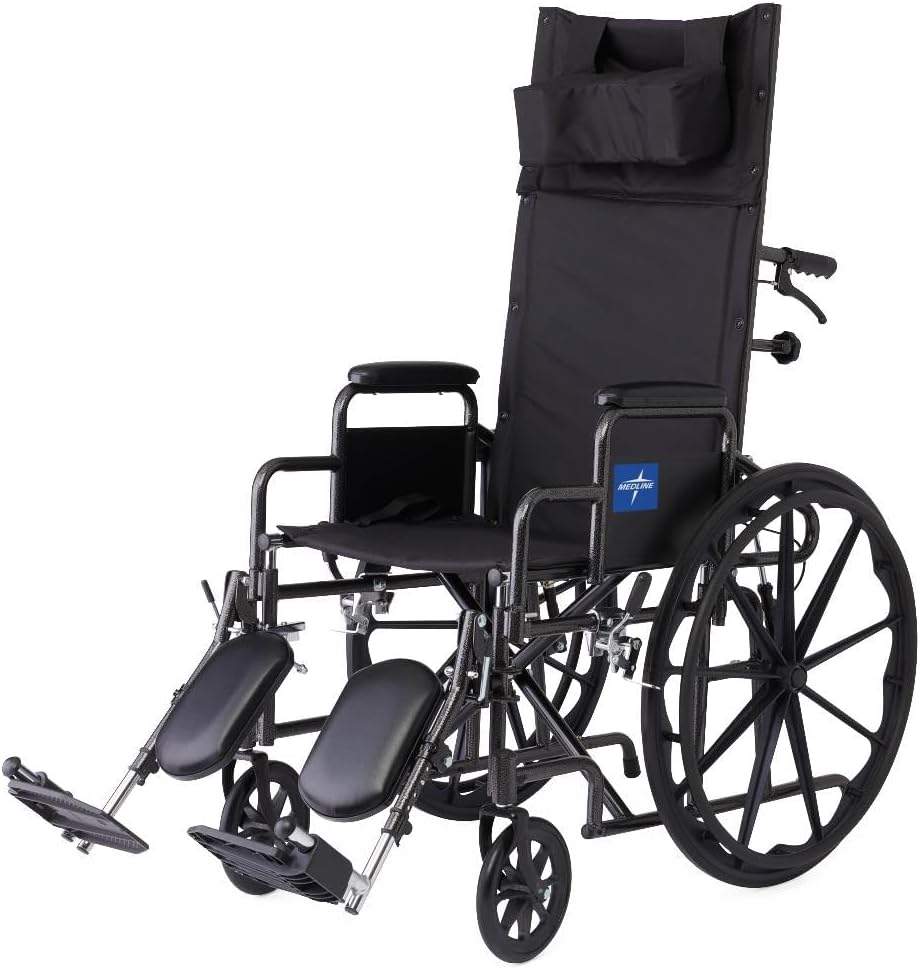 Medline Reclining Wheelchair, 18", with Elevating Leg Rests, Durable Vinyl, 300 lb. Weight Limit, Reclines 90 to 140 Degrees 18" x 18"