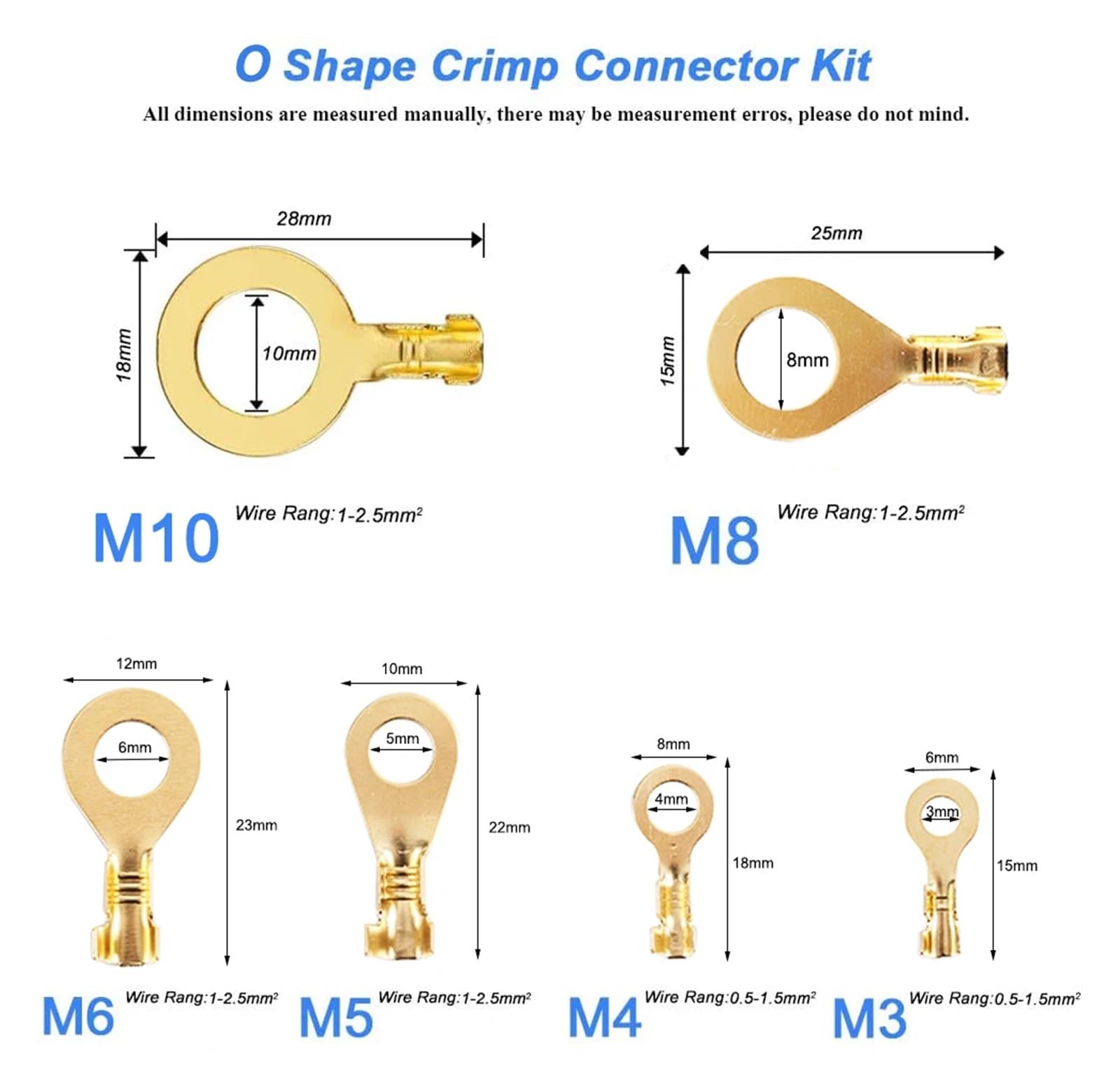 150 Stück M3/M4/M5/M6/M8/M10 Ringkabelschuh-Loch-Kupfer-Crimp-Anschlusskabelschuh-Drahtverbinder, nicht isoliertes Sortimentsset