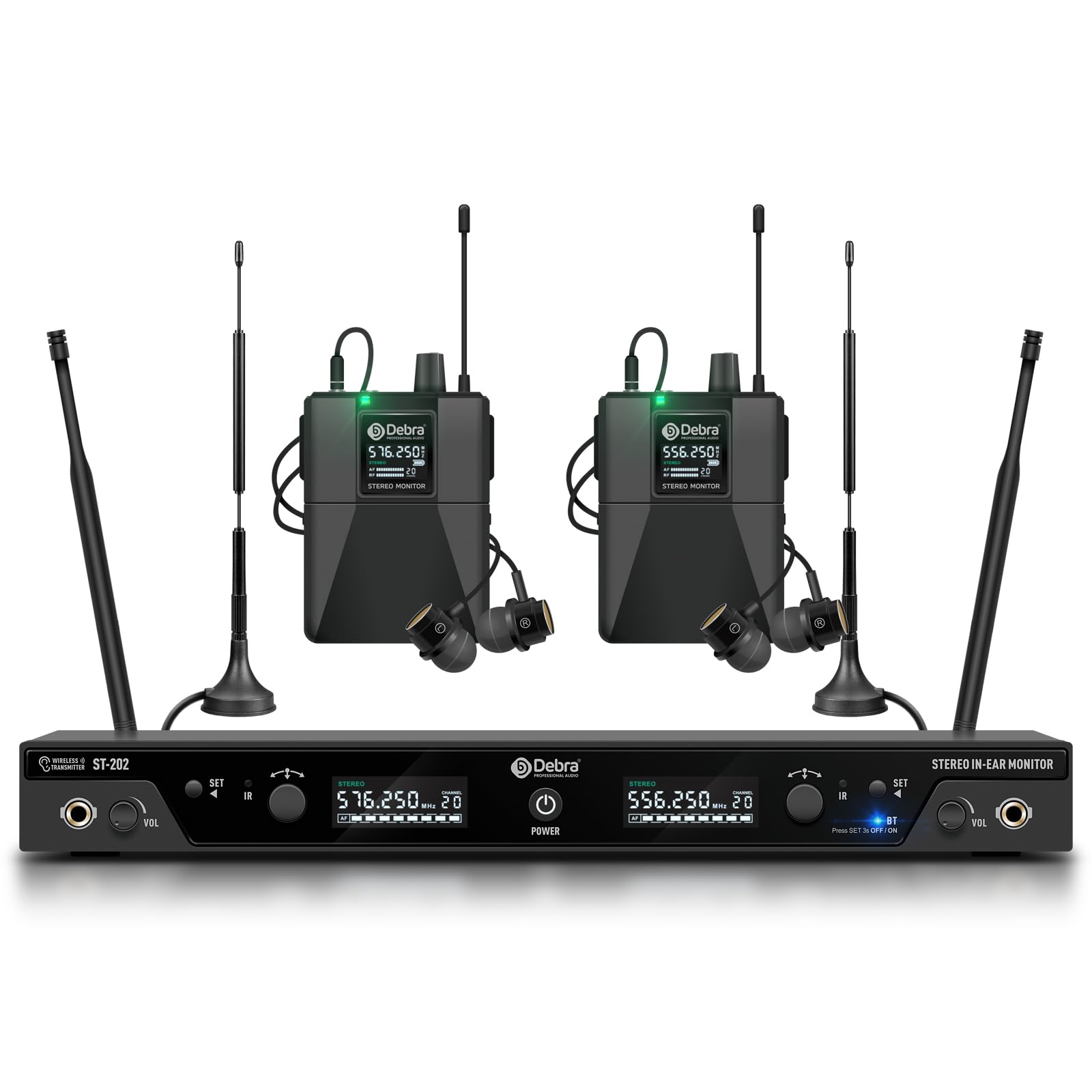 D Debra Audio PRO ST-202 UHF Stereo Wireless in Ear Monitor System, Dual Channel Wireless IEM with Monitoring Type for Stage, Receiver for Studio, Guitar, Band Performance (Dual Channel, 2 Bodypack)