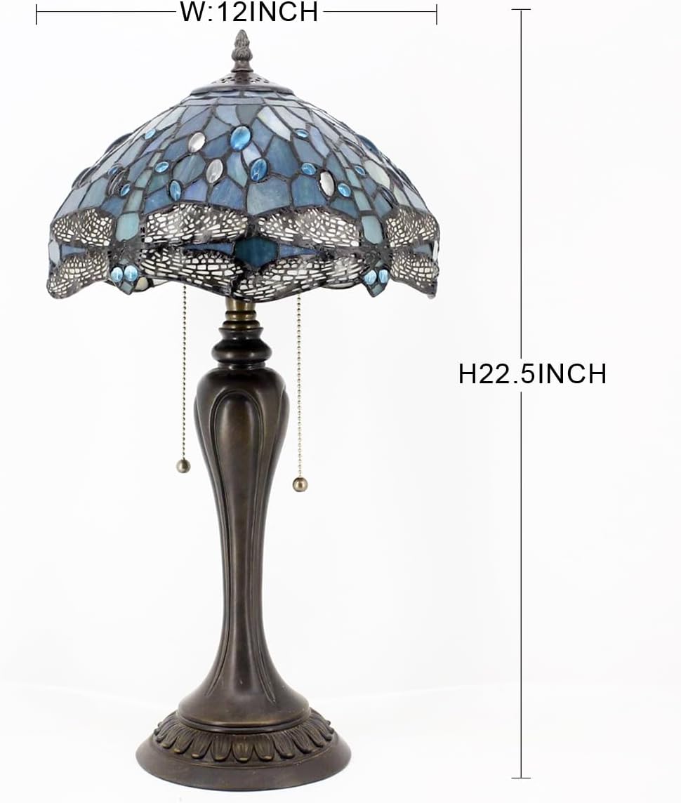 WERFACTORY Tiffany Table Lamp Sea Blue Stained Glass Dragonfly Style Bedside Lamp Desk Reading Light 12X12X22 Inches Decor Bedroom Living Room Home Office S147 Series