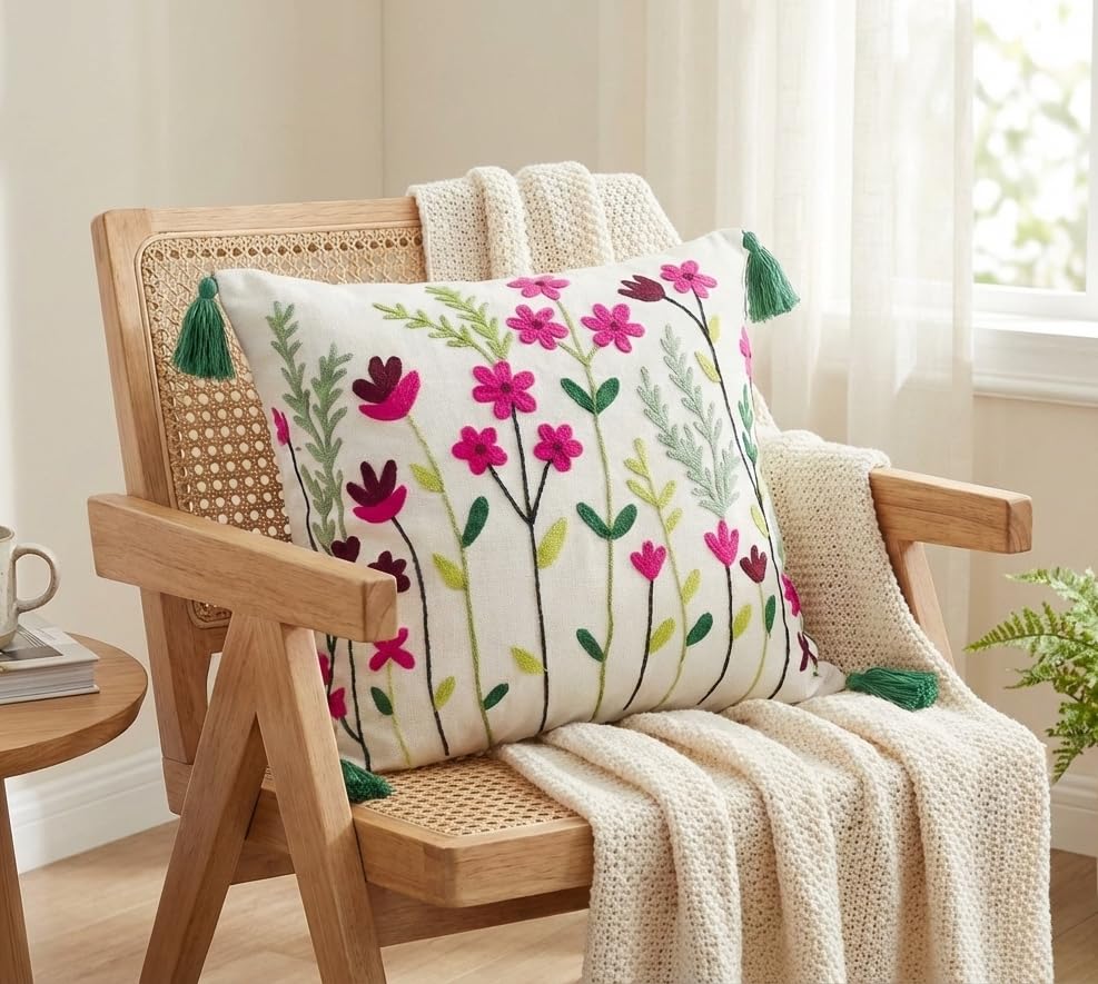 Image of Furnistitchs Handmade Cotton Bohemian Home Decor Cushion Cover 24x24 inches / 60x60 cms - Boho Chic Couch Sofa Throw Living Room Bedroom Cushions (1, Wildflowers)