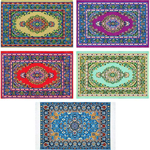 5 Pieces 1:12 Miniature Carpet Floral Print Vintage Woven Rugs Miniature Turkey Rugs Dolls House Rugs Dollhouse Floor Blankets Dollhouse Furniture Decoration Accessories Toy Supplies