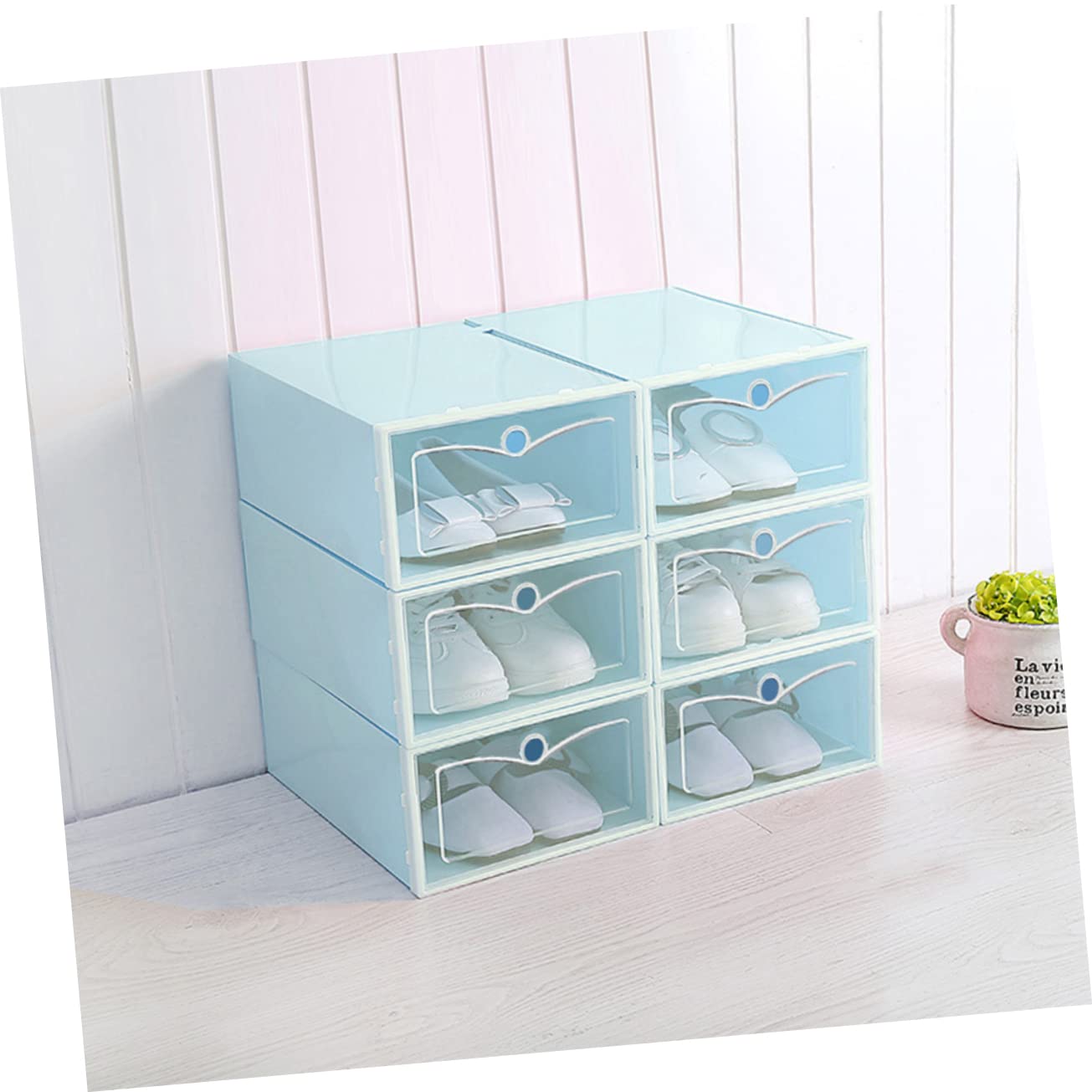 PRETYZOOM Scatola per Scarpe Blu Impilabile Trasparente 6 Pezzi, Pp | Sottile ma Rinforzata, Porta Trasparente, Formato Grande, per Sotto Letto e Scaffale, Confezione da 6
