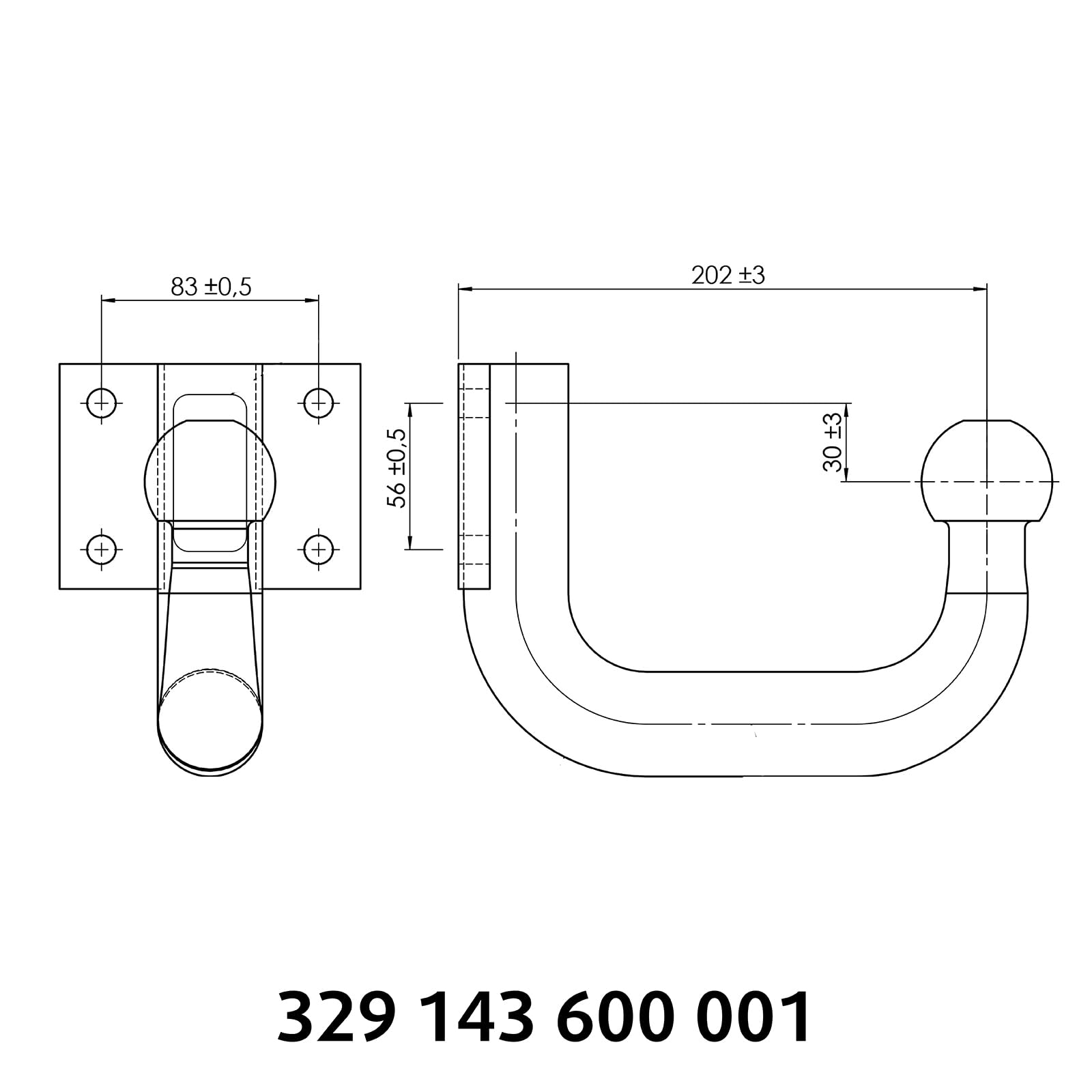 Westfalia - Piastra sferica a 4 fori, 83 x 56, lunghezza = 202 mm