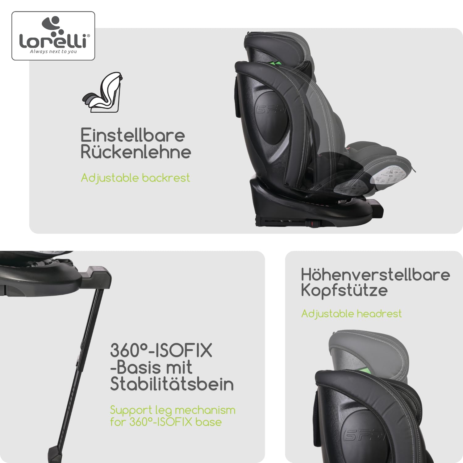 Lorelli Auto Kindersitz Estate mit Isofix Basis und Stützbein, 360 Grad drehbar, 0-36kg Mitwachsender Autositz i-Size 40-150cm, Babysitz ab Geburt, 5-Punkt-Gurt, Einstellbare Kopfstütze, grün