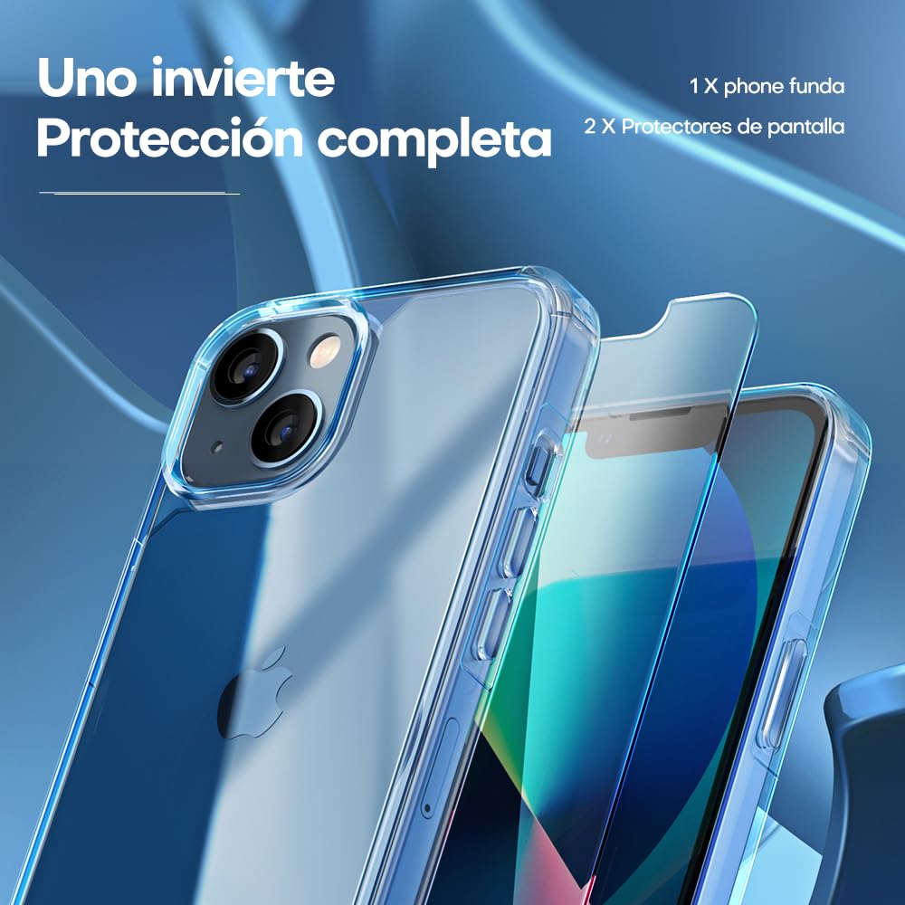 TAURI 3 en 1 Funda para iPhone 13, Funda Transparente [No Amarillea] con 2 Protector Pantalla Cristal Templado, Mejorada Protección Militar Anti-Choque, Anti-Arañazos Case-Transparente