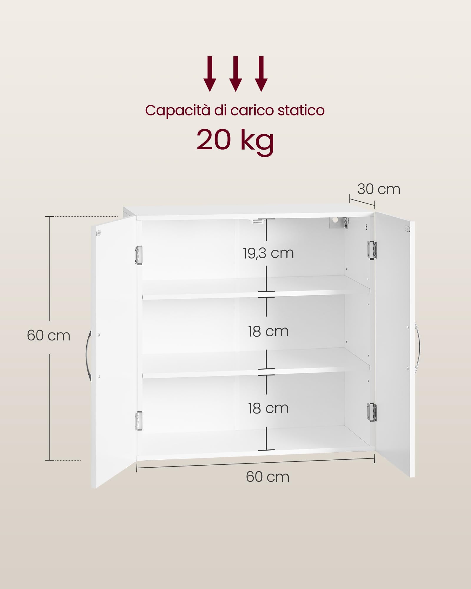 VASAGLE Armadietto Pensile da Bagno, Mobile Bagno Sospeso, 30 x 60 x 60 cm, Mobiletto da Parete con Ripiani Regolabili, Bianco Nuvola BBC321W01