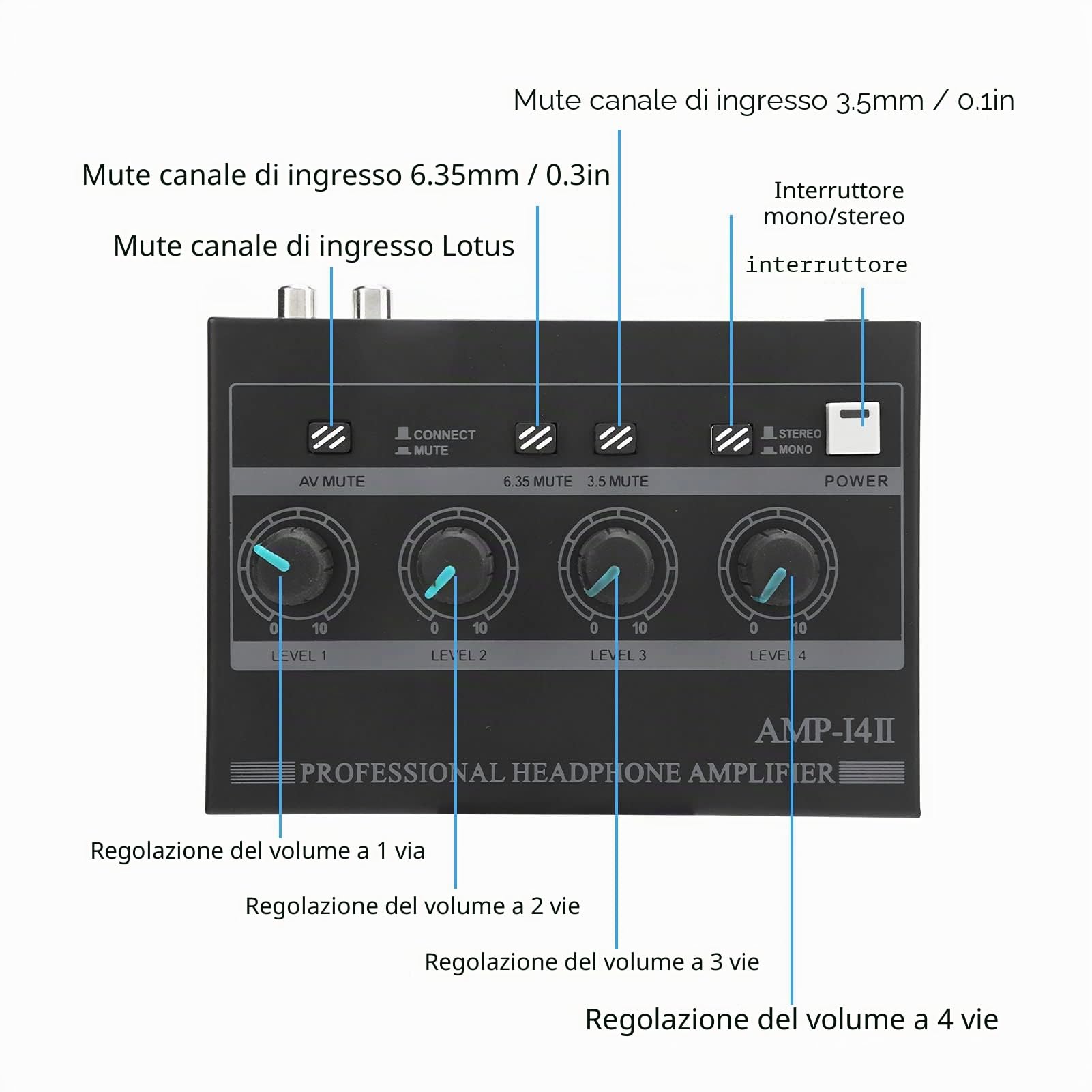 Amplificatore per Cuffie 4 Canali Splitter Amp Monitor 100‑240 V Mono/stereo Set AMP‑i4Ⅱ con Tappetino Antiscivolo Sul Fondo(EU Plug)