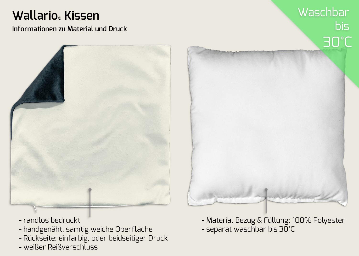Wallario Dekokissen 30 x 30 cm, Beige, beidseitig Bedruckt, Kuschelkissen mit weicher Plüsch-Oberfläche