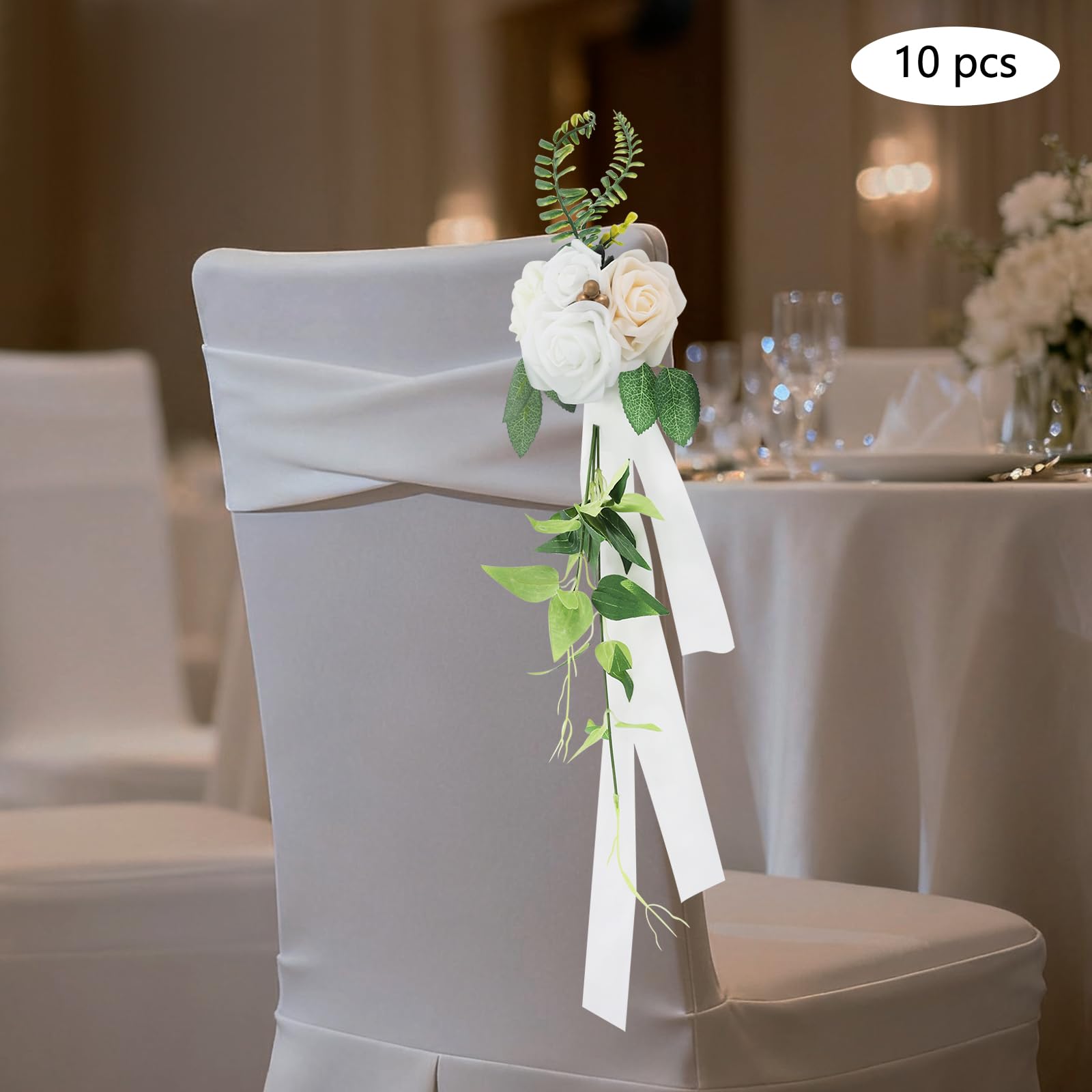 10 Stück Hochzeit Stuhl Rücken Blumen, Künstliche Stuhlschleife Stuhl Rücken Blumen, Hochzeitsstuhl-Dekoration, Stuhllehnen-Blumendeko für Hochzeiten, Bankette, Partys (Weiß)