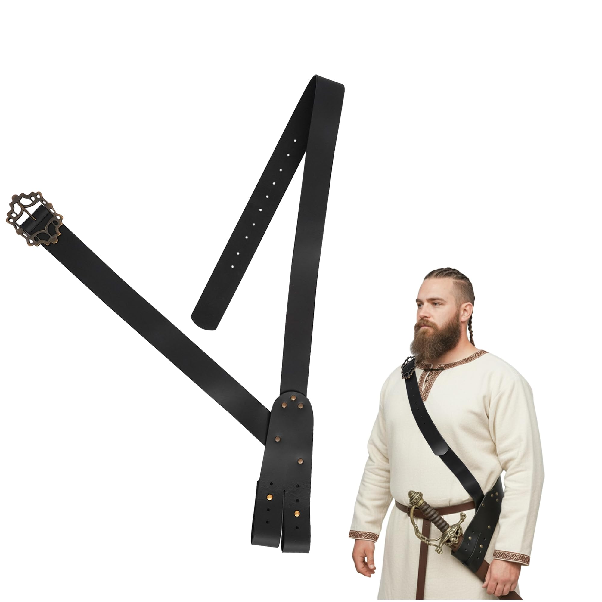 Lord of Battles Pirate Leather Belt with Sword Hanger Baldric Sword Hanging Belt Handcrafted From Genuine Buff Leather (Black)