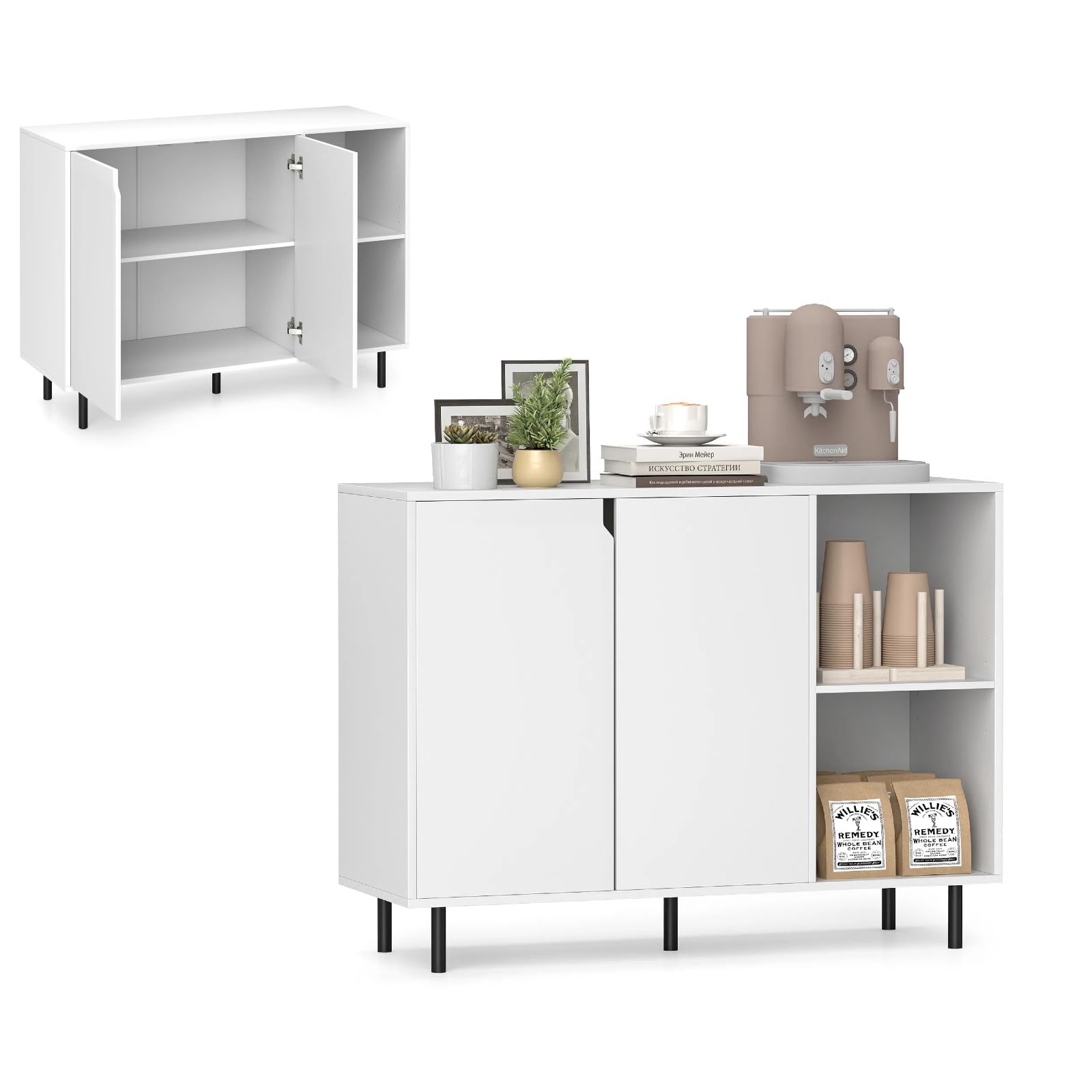 KOMFOTTEU Credenza Cucina Bianca, Armadio Dispensa con Ante, Ripiano Regolabile in 5 Livelli e Dispositivo Anti-Ribaltamento, Mobile Buffet per Soggiorno e Corridoio, 106x38x80cm (L x P x A) (Bianco)