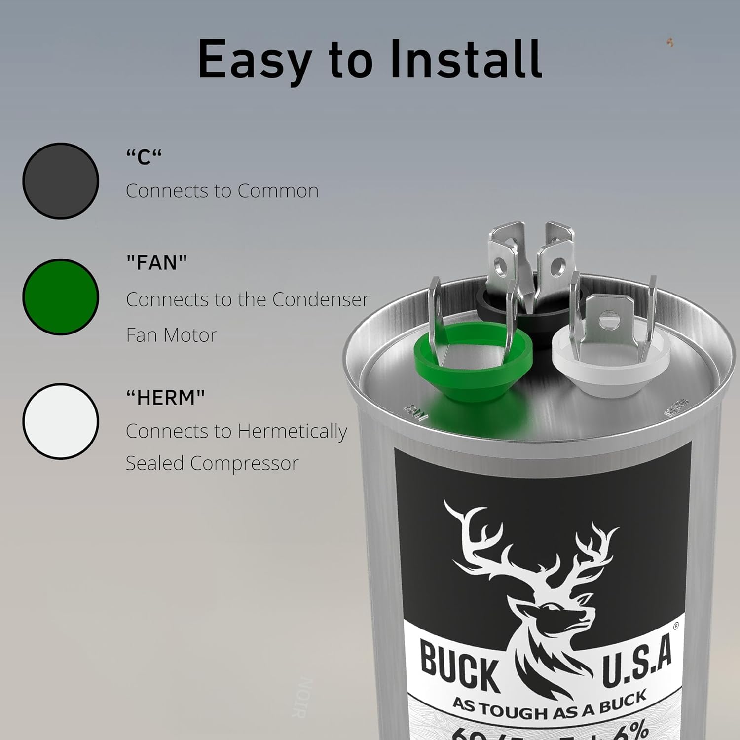 2 Pack Buck 60+5uF 60/5 MFD ±6% CBB65B Dual Run Round Start Capacitor - Ideal for HVAC Systems, Air Conditioner Unit Fan Motor Start, Heat Pump, & Condenser Straight Cool Applications 370/440VAC
