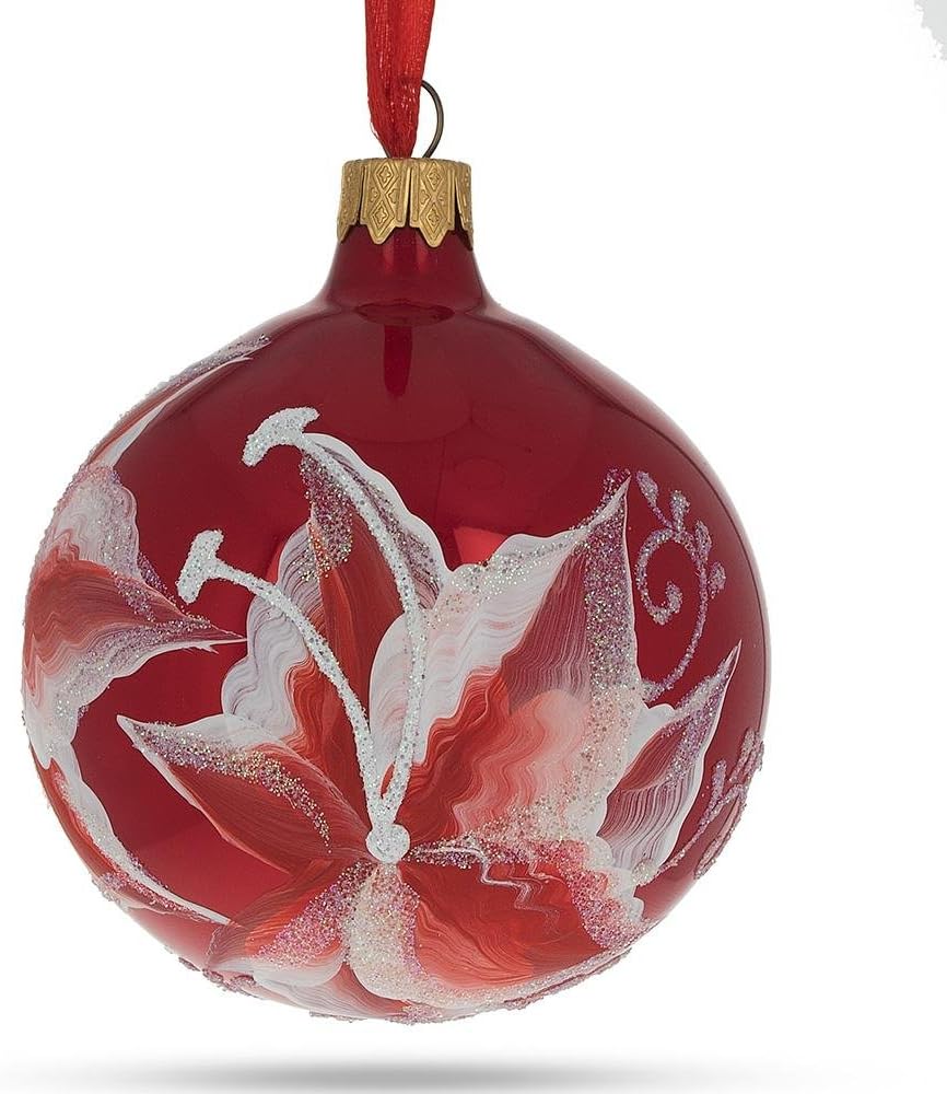 Red Lilies Glass Ball Christmas Ornament 3.25 Inches - Image 3