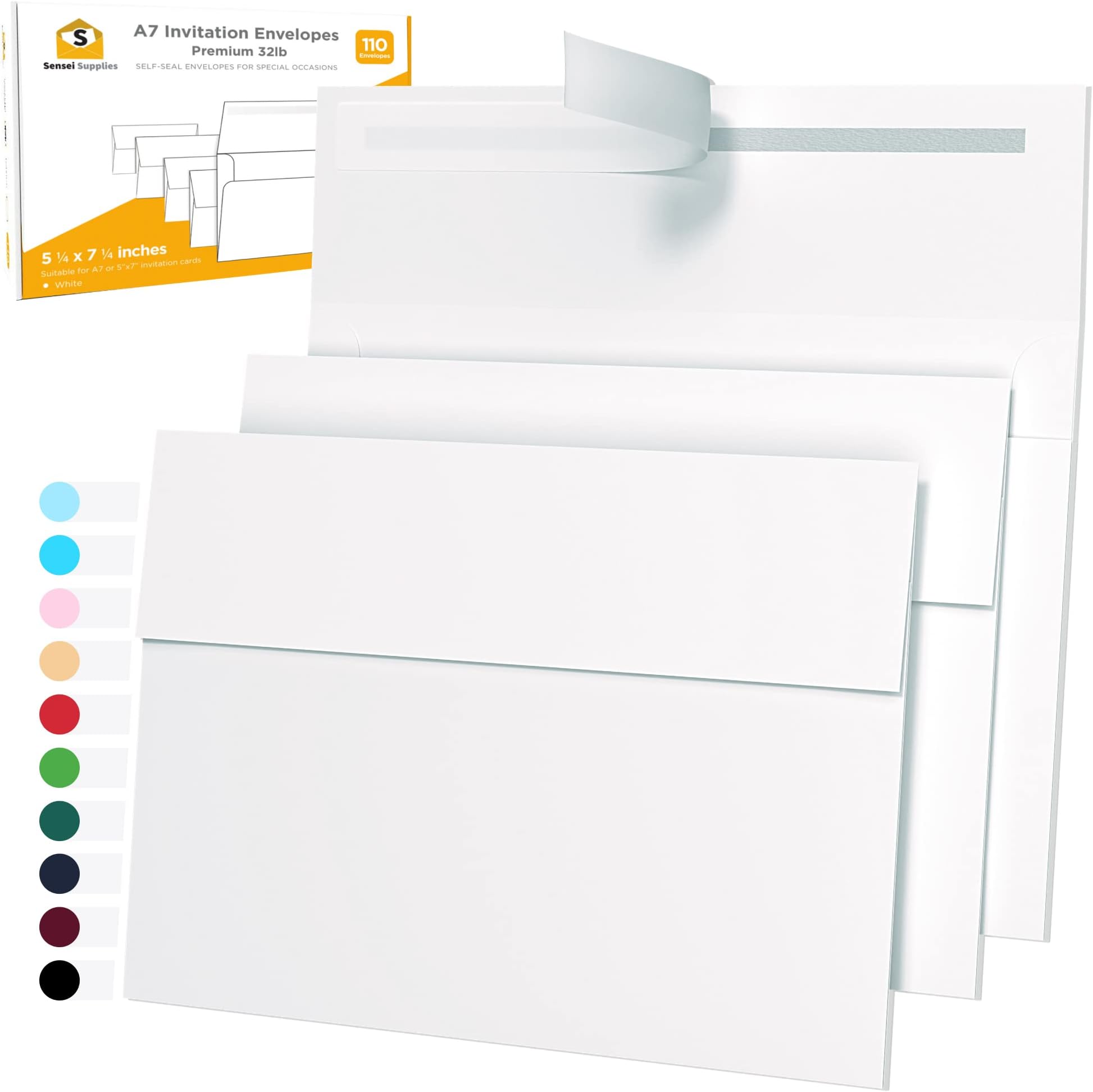 5x7 Envelopes for Invitations - 110 White Envelopes for 5x7 Cards - A7 - (5 ¼ x 7 ¼ inches) - Perfect for Weddings, Graduation, Baby Shower - 120 GSM - Peel, Press & Self Seal - Square Flap