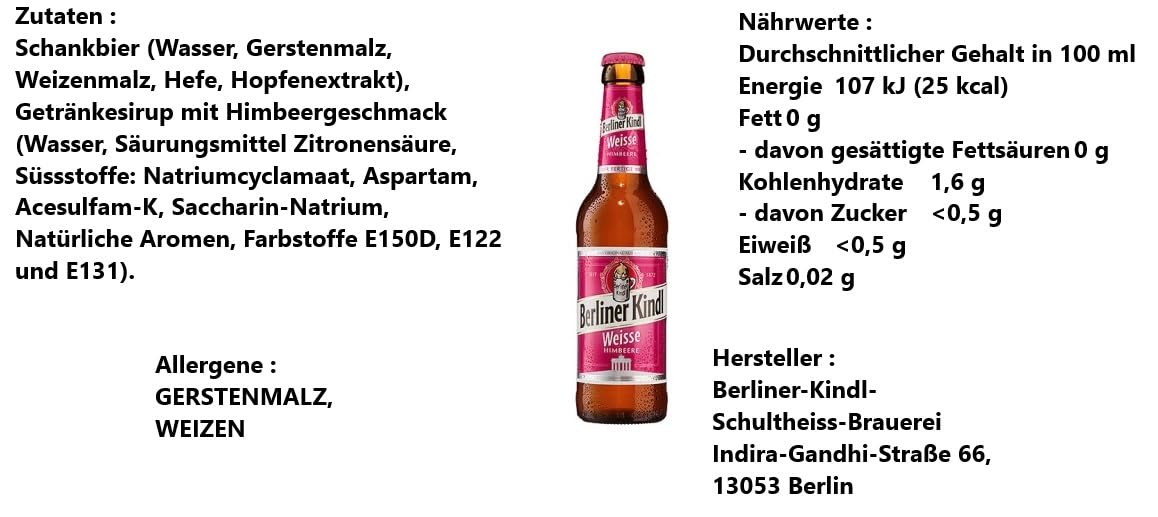 18 Flaschen Berliner Kindl Weisse Himbeere a 0,33 L 3% vol. inkl. MEHRWEGPFAND + Space Keks gratis a 45 g von Onlineshop Bormann