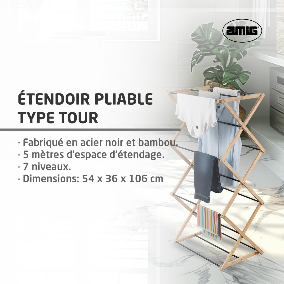 Amig - Étendoir Vertical Type Tour Pliable Mod. Aeria ZenRack - Acier époxy et Bambou - Séchoir à Linge Design Vertical - 5 m d’Espace d’étendage - 54x36x106 cm - Couleur Noir/Bambou