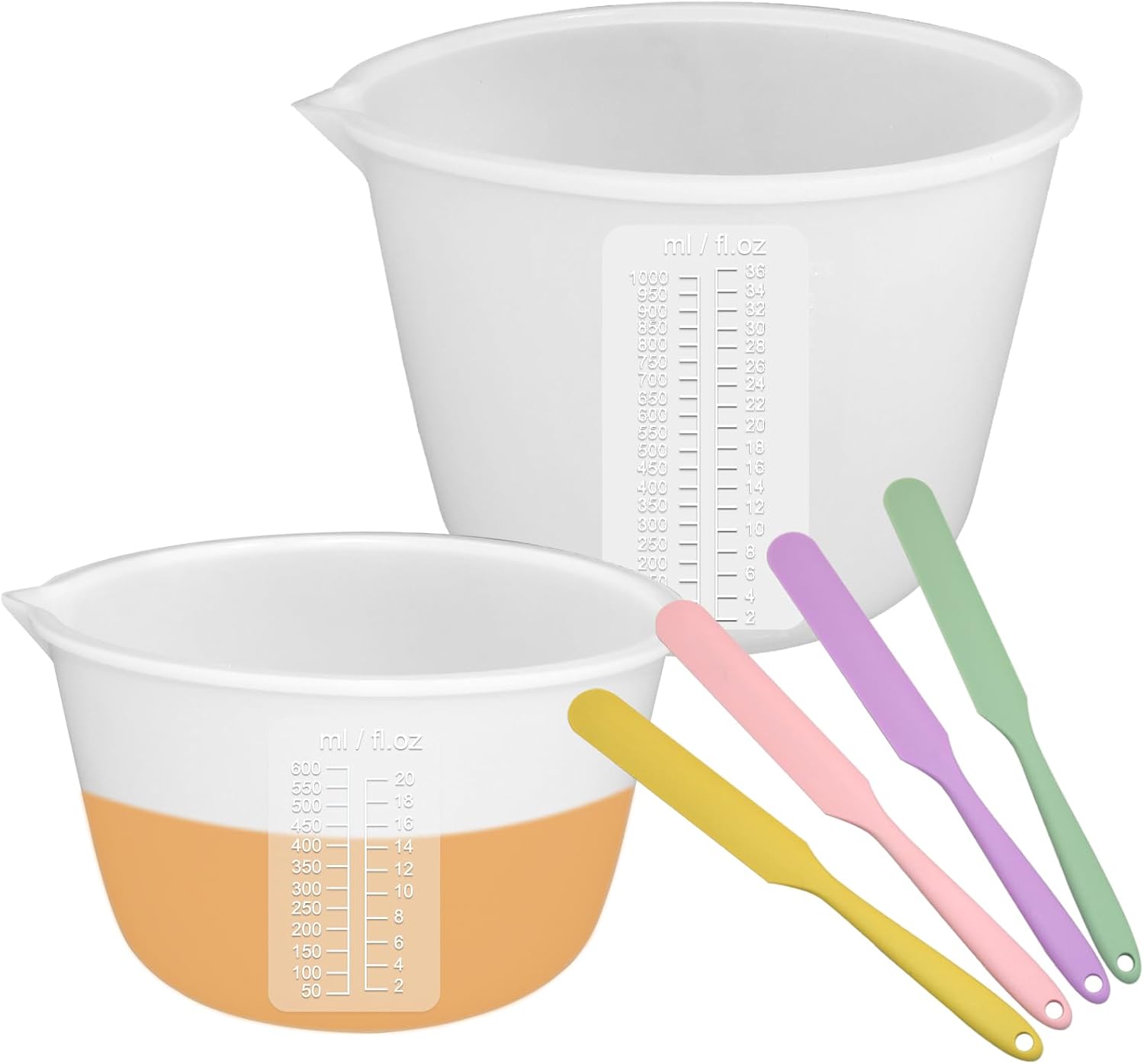 2 Pieces Extra Large Silicone Measuring Cups 1000ml 600ml Flexible Chocolate Melting Cups Big Resin Mixing Bowls with 4 Pieces Silicone Jar Spatulas for Home Baking