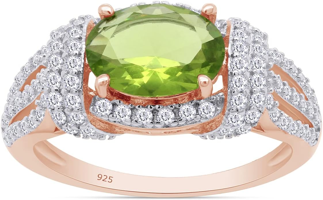 SAVEARTH DIAMONDS Oval Cut 8x6MM Center Simulated Green Peridot & Round Cut Sparkling Cubic Zirconia Vintage Cluster Engagement Ring For Women In 14k Gold Over Sterling Silver